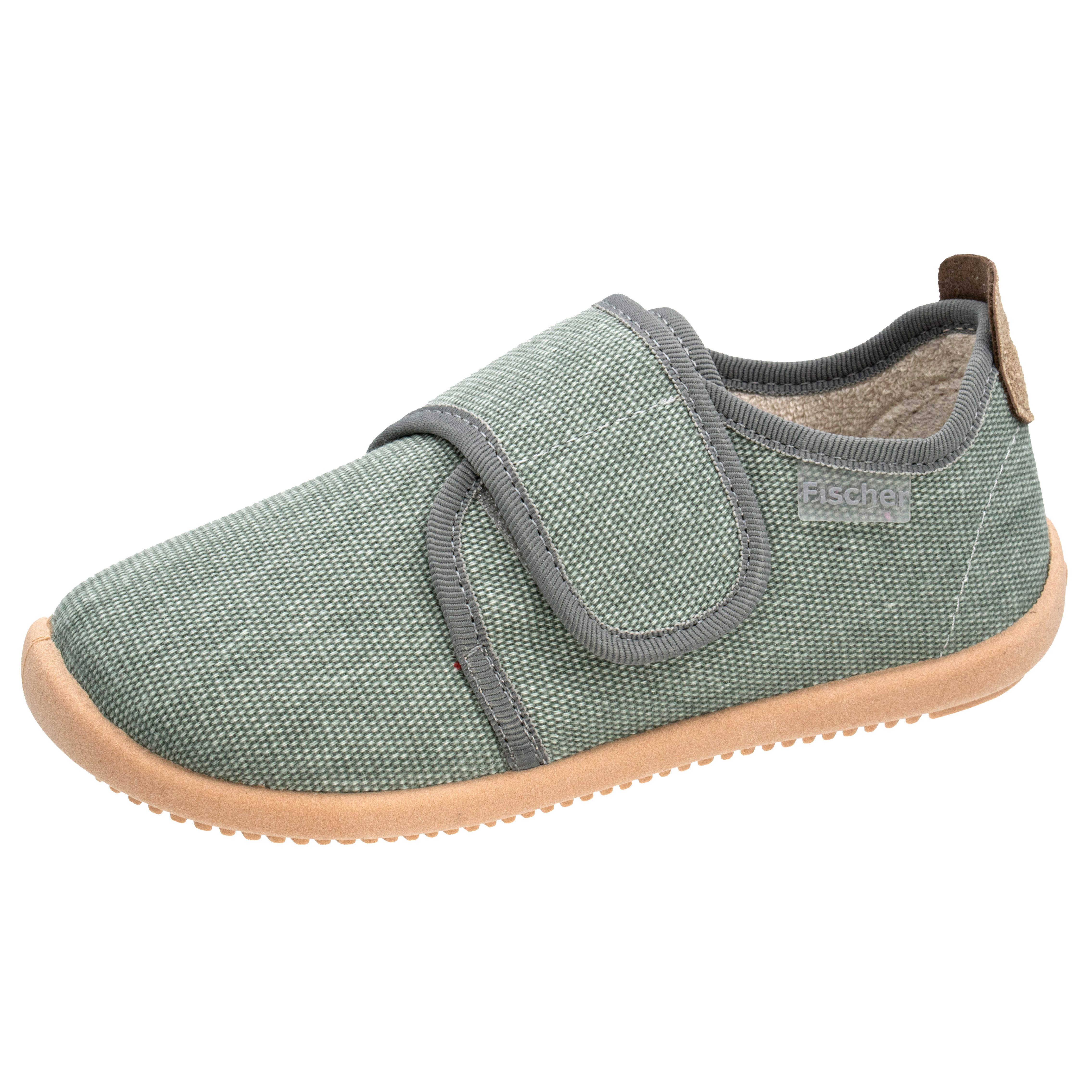 Fischer-Markenschuh Softer Hausschuh für Kinder, aus Baumwollleinen, mit Frotteefutter, Klettverschluss