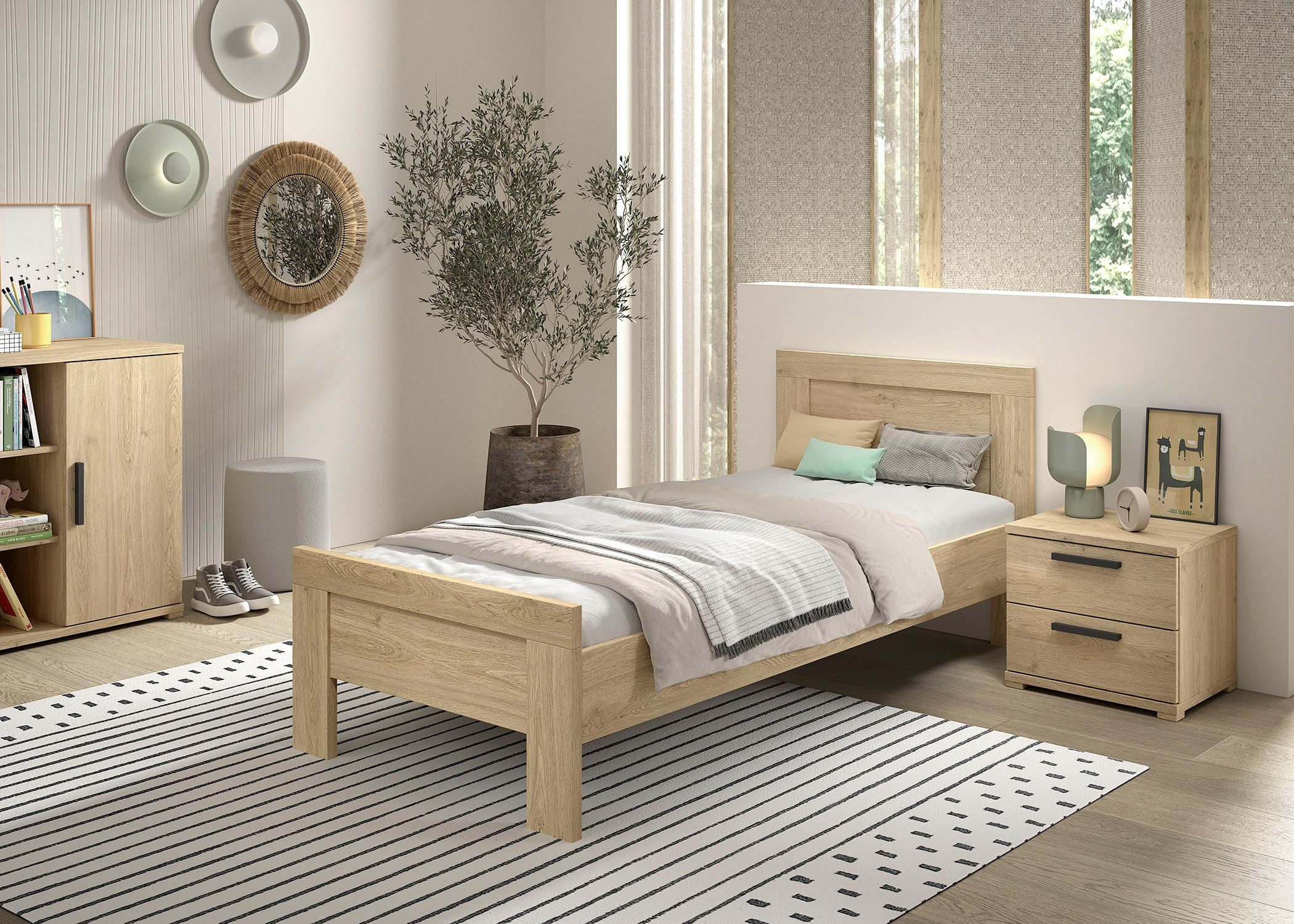 Vipack Jugendzimmer-Set SAM - Bett und Nachtkonsole, gradliniges Design in wohnlichem Dekor, (2-tlg., Schubladen auf Metallauszug bieten Stauraum am Bett), die Oberfläche ist pflegeleicht, in der Ausführung Eiche Dekor