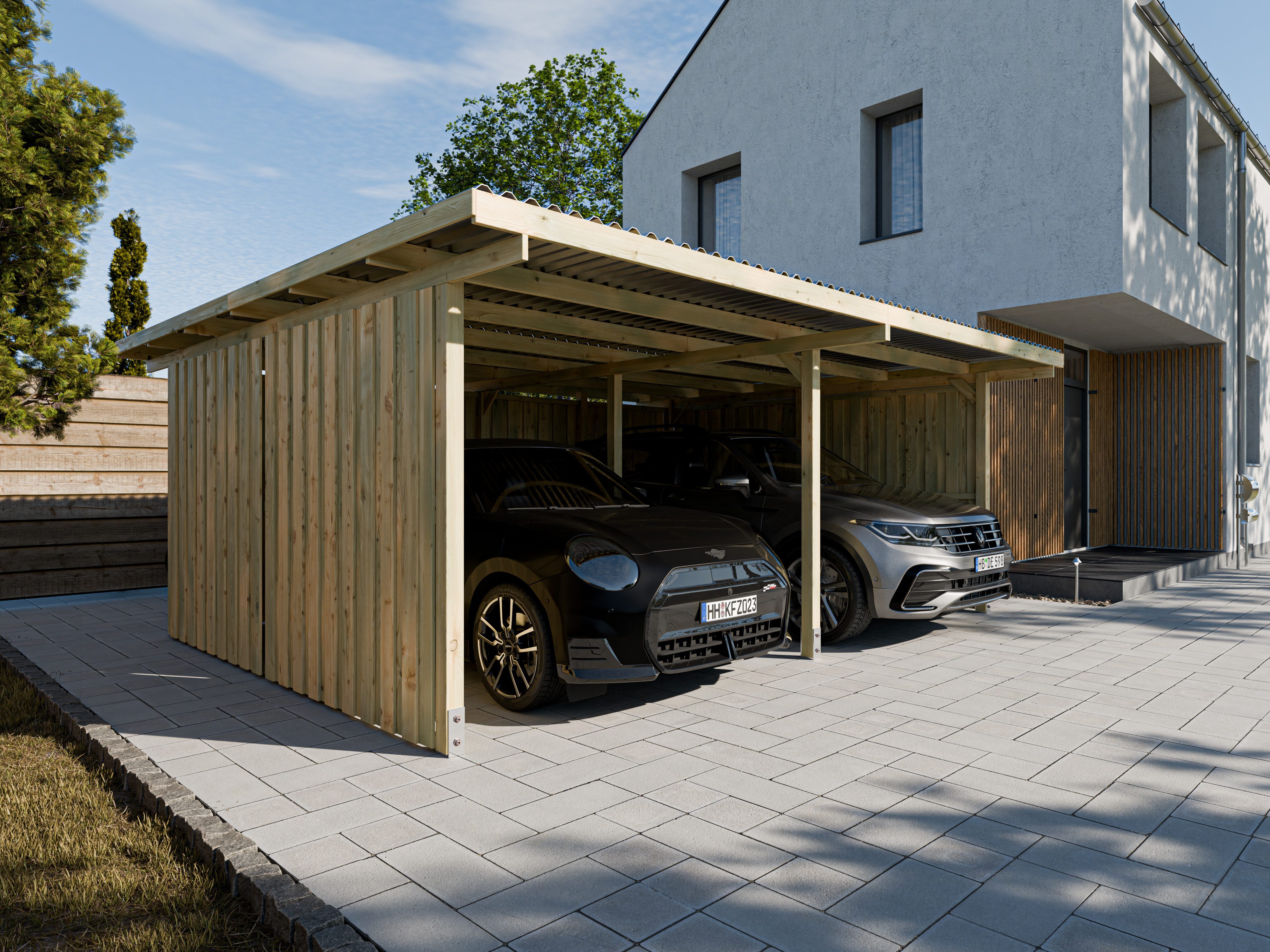 Woodtex Gartenhaus WOODTEX Carport, BxT: 595x495 cm, Blockbohlenhaus mit Flachdach, robustes Gerätehaus für den Garten