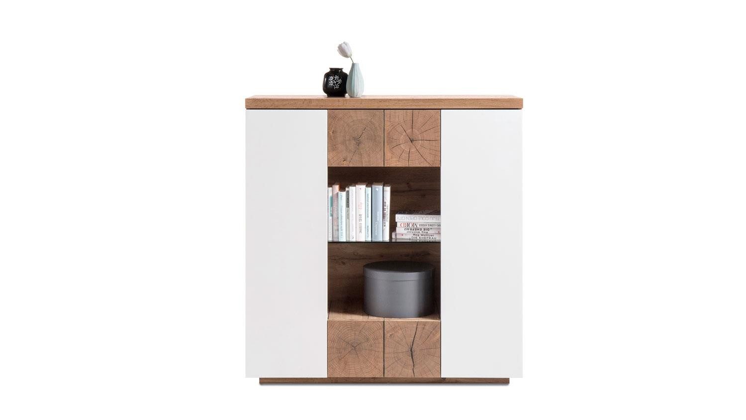 MCA living Highboard Highboard HELSINKI Kommode in weiß matt Lack und Eiche