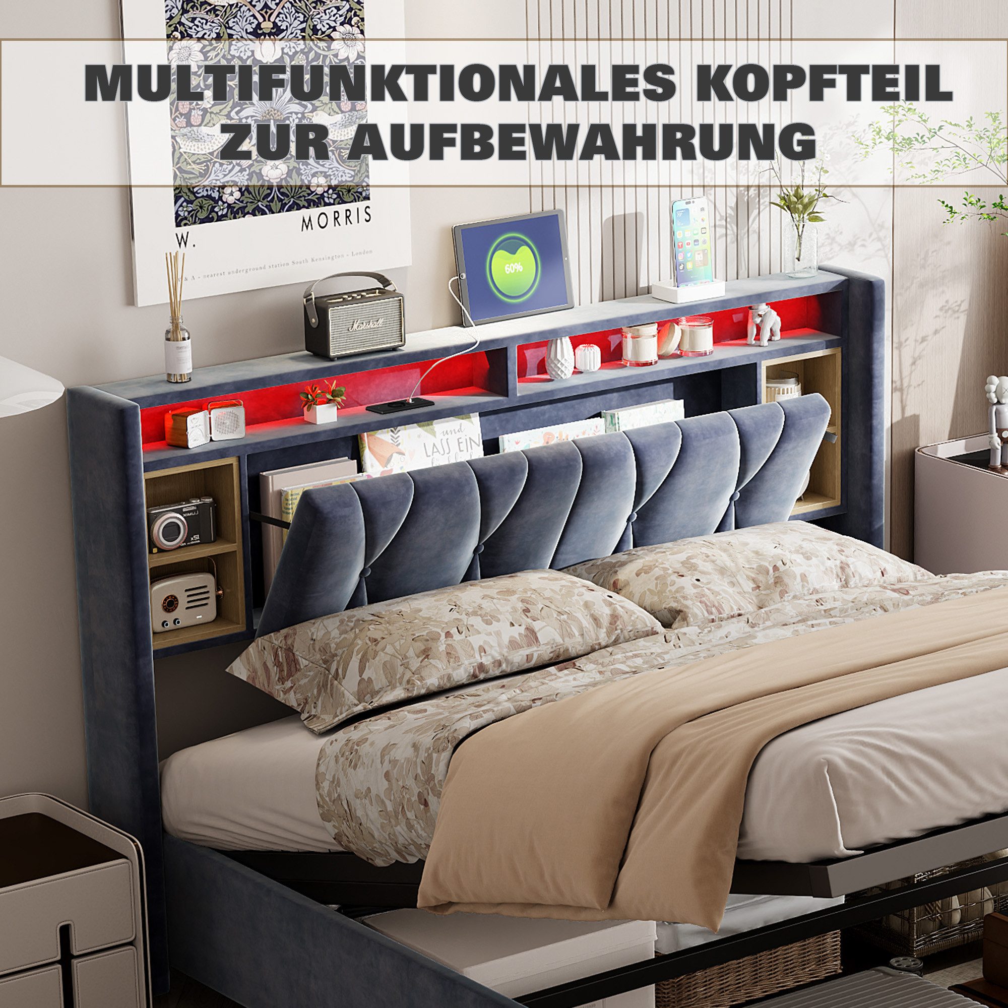 Gdood Polsterbett Stauraumbett LED Doppelbett (Hydraulisch anhebbarer Stauraum), Mit LED-Beleuchtung, Bettkasten, Ladefunktion, Samt, 140x200 cm – Bild 4 von 5