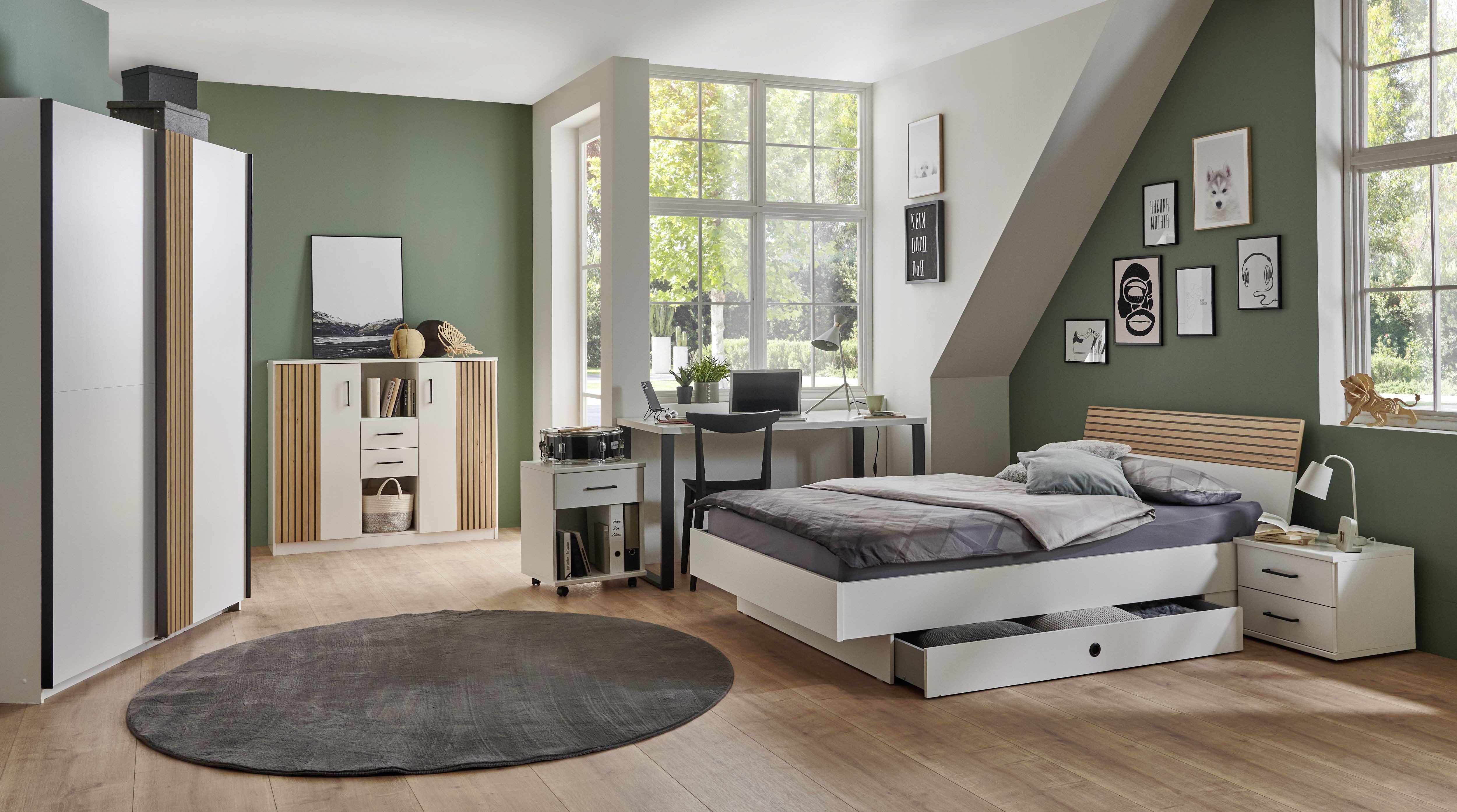 möbel-direkt.de Jugendzimmer-Set Rügen, (Komplett Set, 7-tlg., 7 teilig), Akustiklamellen in Artisan-Eiche, Made in Germany