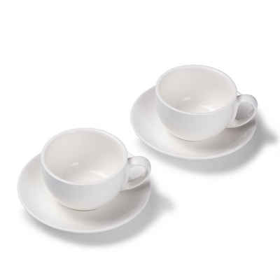 Terra Home Tasse 2er Milchkaffeetassen-Set, Weiß glossy 350 ml mit Untertasse, Porzellan, spülmaschinenfest,extra dickwandig