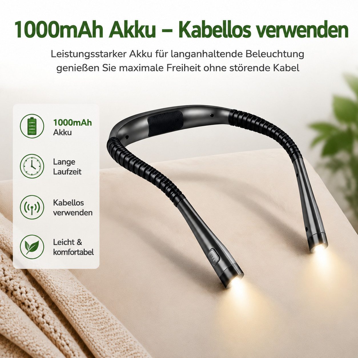 Fyrove LED Leselampe Nackenleuchte mit flexiblen Armen, Akku, Buchlicht für Lesen, Handarbeit, Camping und Reisen, 3 Lichtfarben, 3 Helligkeiten, flexible Arme, – Bild 5 von 5