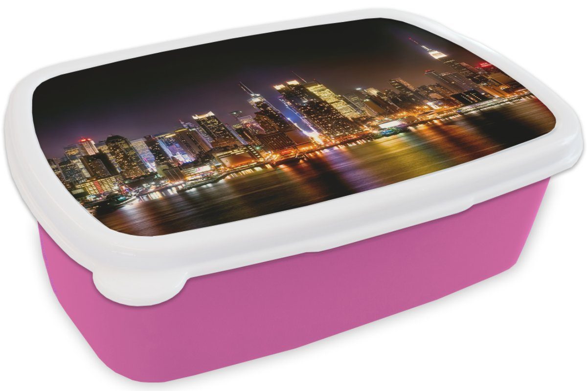 MuchoWow Lunchbox New York - (2-tlg), Kinder, Erwachsene, Skyline, rosa Manhattan Brotbox Brotdose - Mädchen, Kunststoff, Snackbox, für Kunststoff