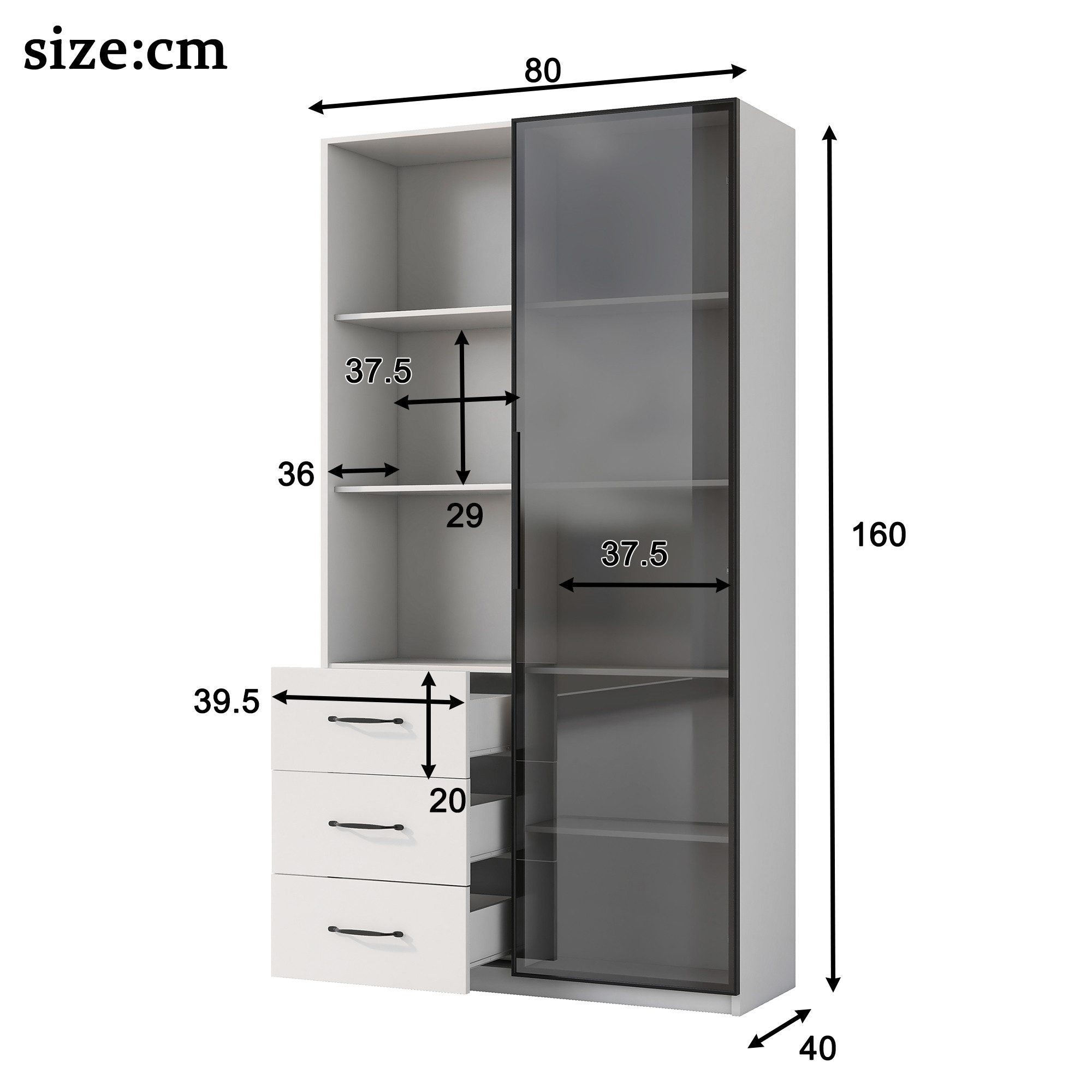 Celya Vitrine Küchenschränke Bücherschrank mit Glastür und LED-Beleuchtung (mit 3 Schubladen und 3 offene Fächer, Aluminiumrahmen) Ideal für für Wohn-, Schlaf-, Arbeits- oder Esszimmer