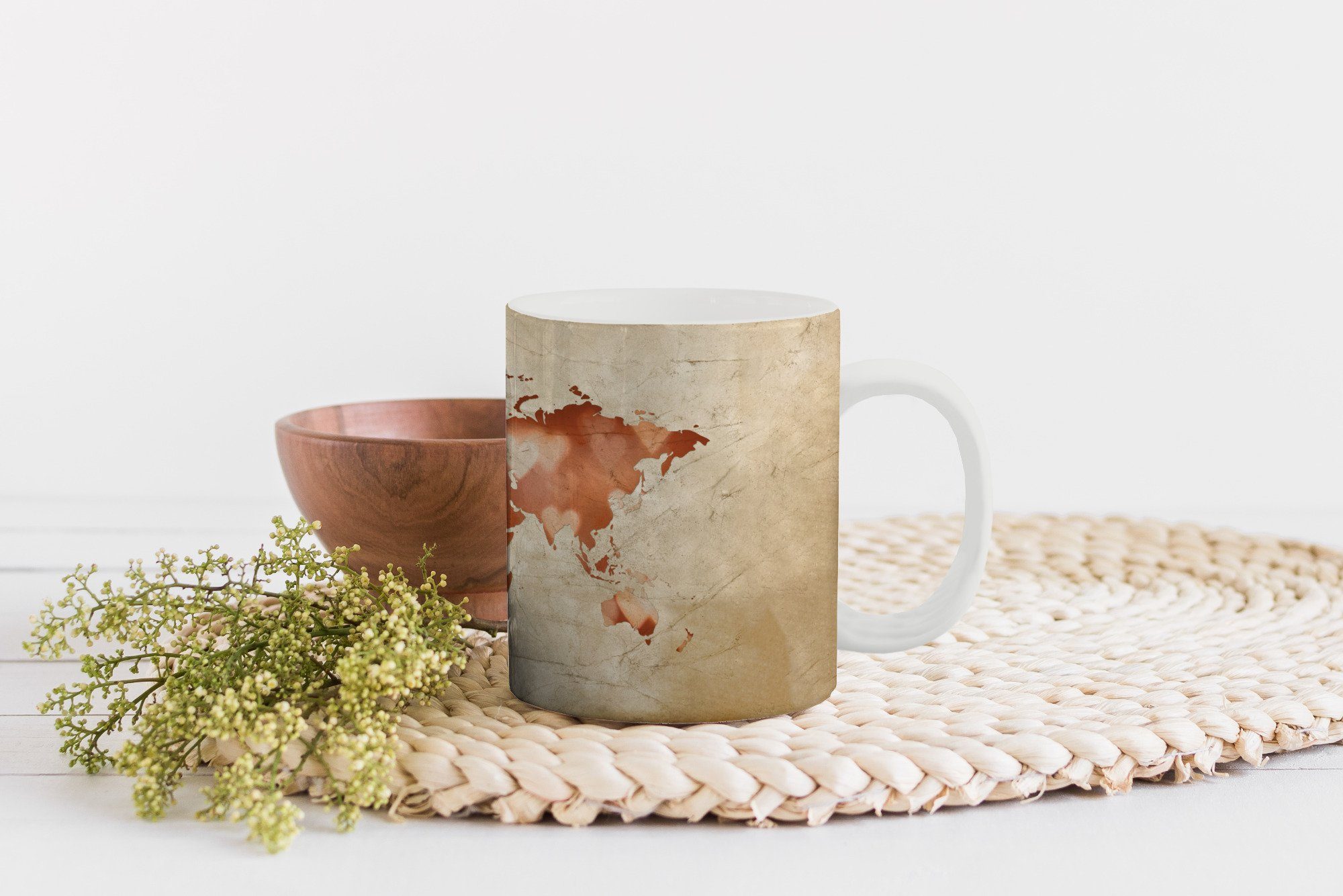 MuchoWow Tasse Weltkarte - Geschenk Bronze - Becher, Kaffeetassen, Teetasse, Keramik, Teetasse, Herzen