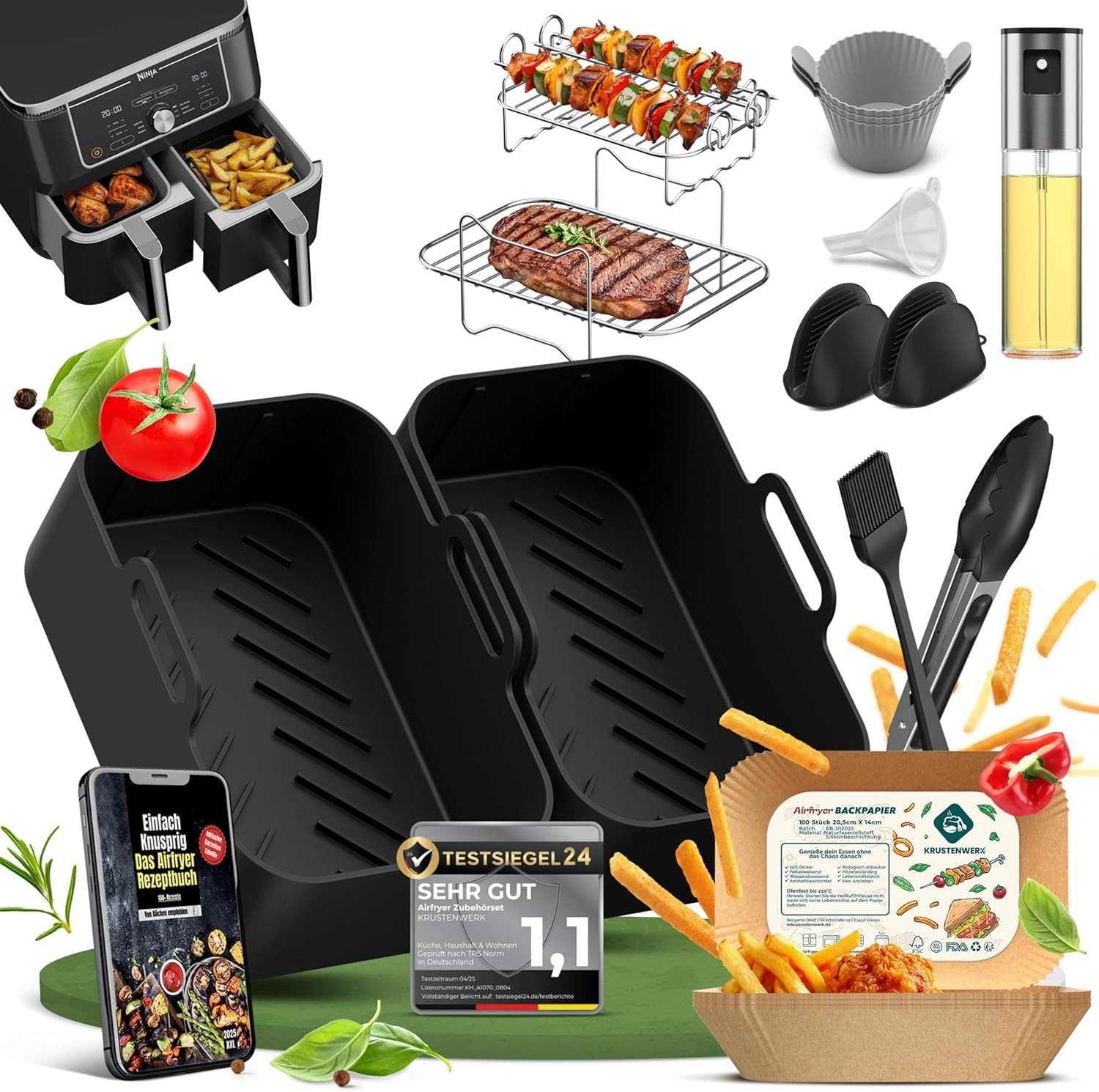 Krustenwerk Airfryer-Grillrost Airfryer, Exakte Passform & dickeres Silikon, mit 150 Rezepten (Airfryer), Aifryer Zubehör Set