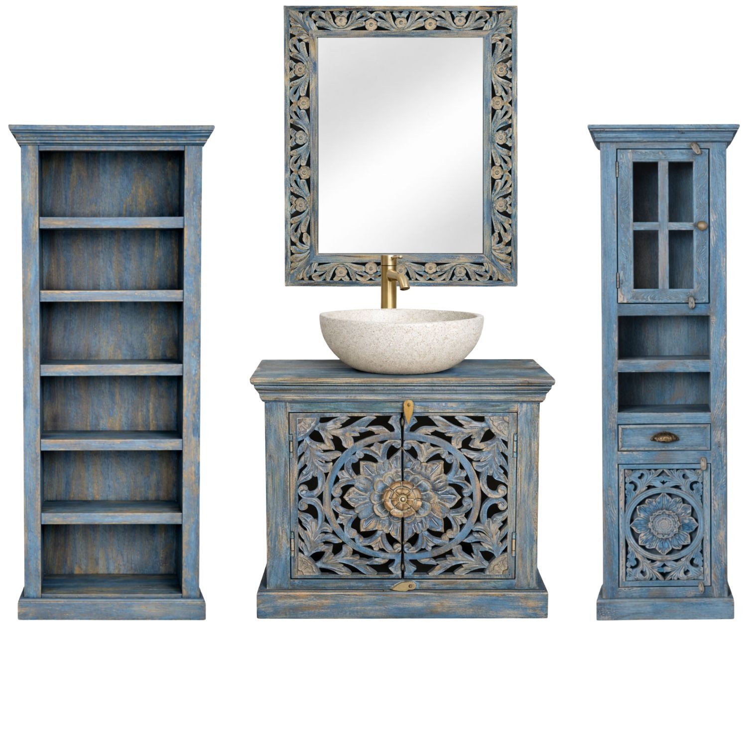 Marrakesch Orient & Mediterran Interior Badmöbel-Set Badezimmermöbel Kirpal Blau orientalisch Massivholz 4er Set, (4-St), Handarbeit