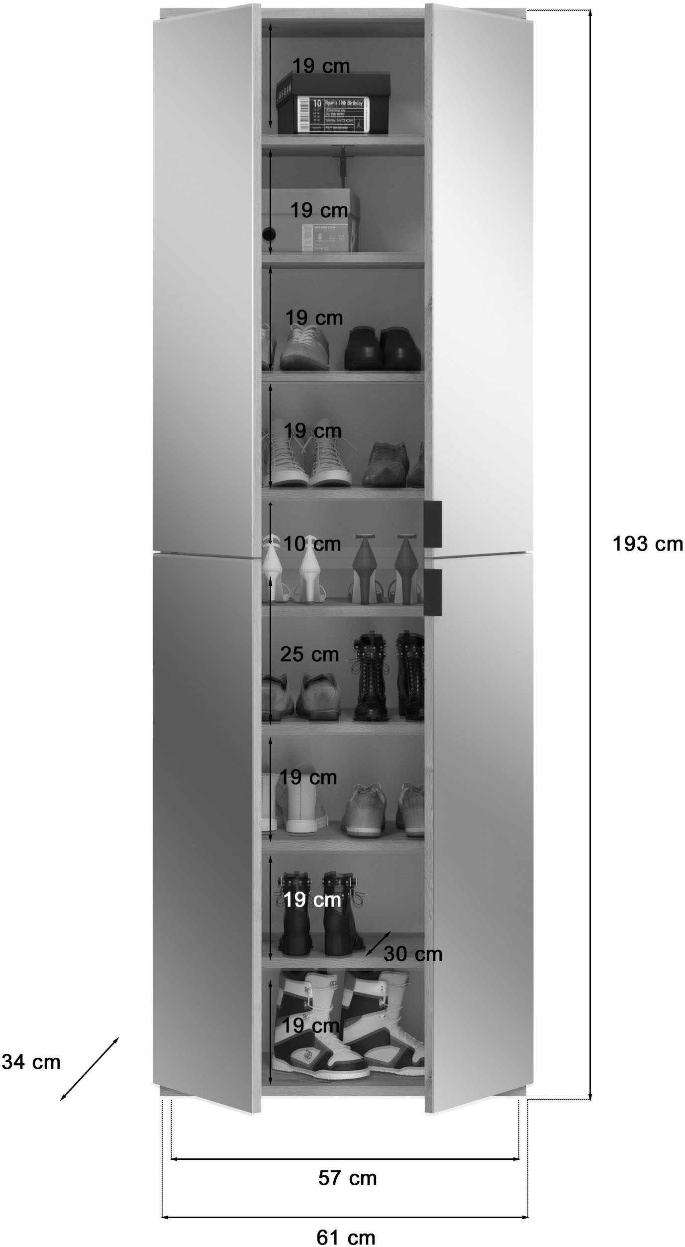 Home affaire Garderoben-Set Trondheim, Breite 244 cm, best. aus 4 Schränken, 16 Türen, 36 Fächer, (Set, 4-St), inkl. ausziehbarer Kleiderstange, Garderobenschrank, Kleiderschrank
