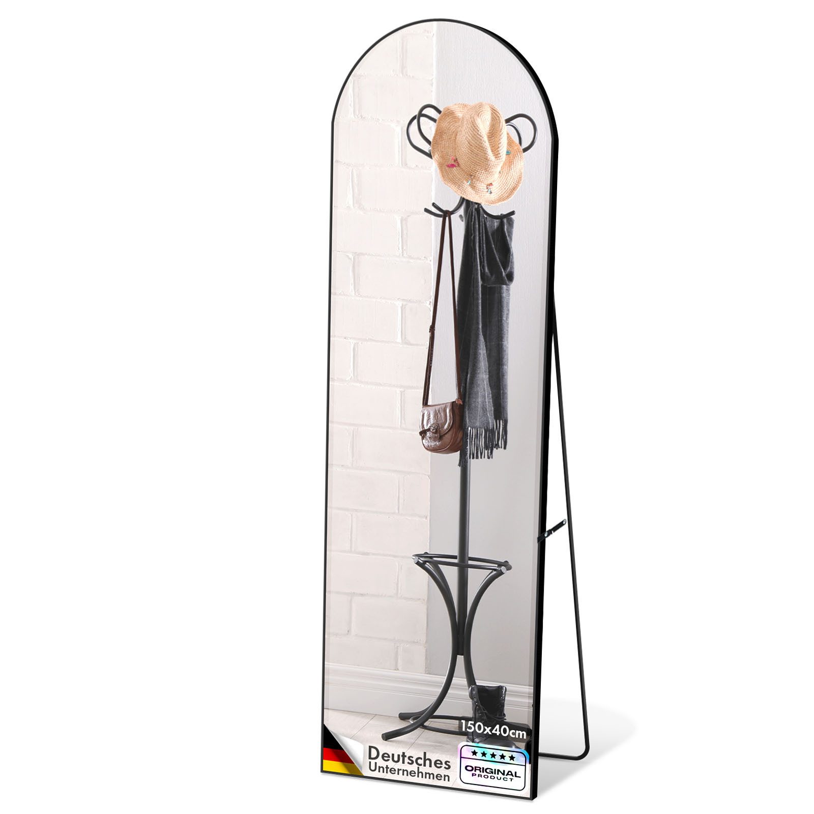 Floordirekt Ganzkörperspiegel Madison mit Bruchsicherem Glas, Freistehend oder Wandmontage (mit Aluminiumrahmen), Anti-Glassplitter-Sicherheitsfolie, mit Standfuß & Bogen, ohne Montage