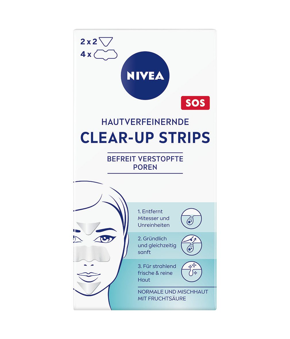 Nivea Gesichtsreinigungstücher Clear-up Strips hautverfeinernd entfernt Mitesser sanft 3 x 6 Strips, 18-tlg., Fruchtsäure