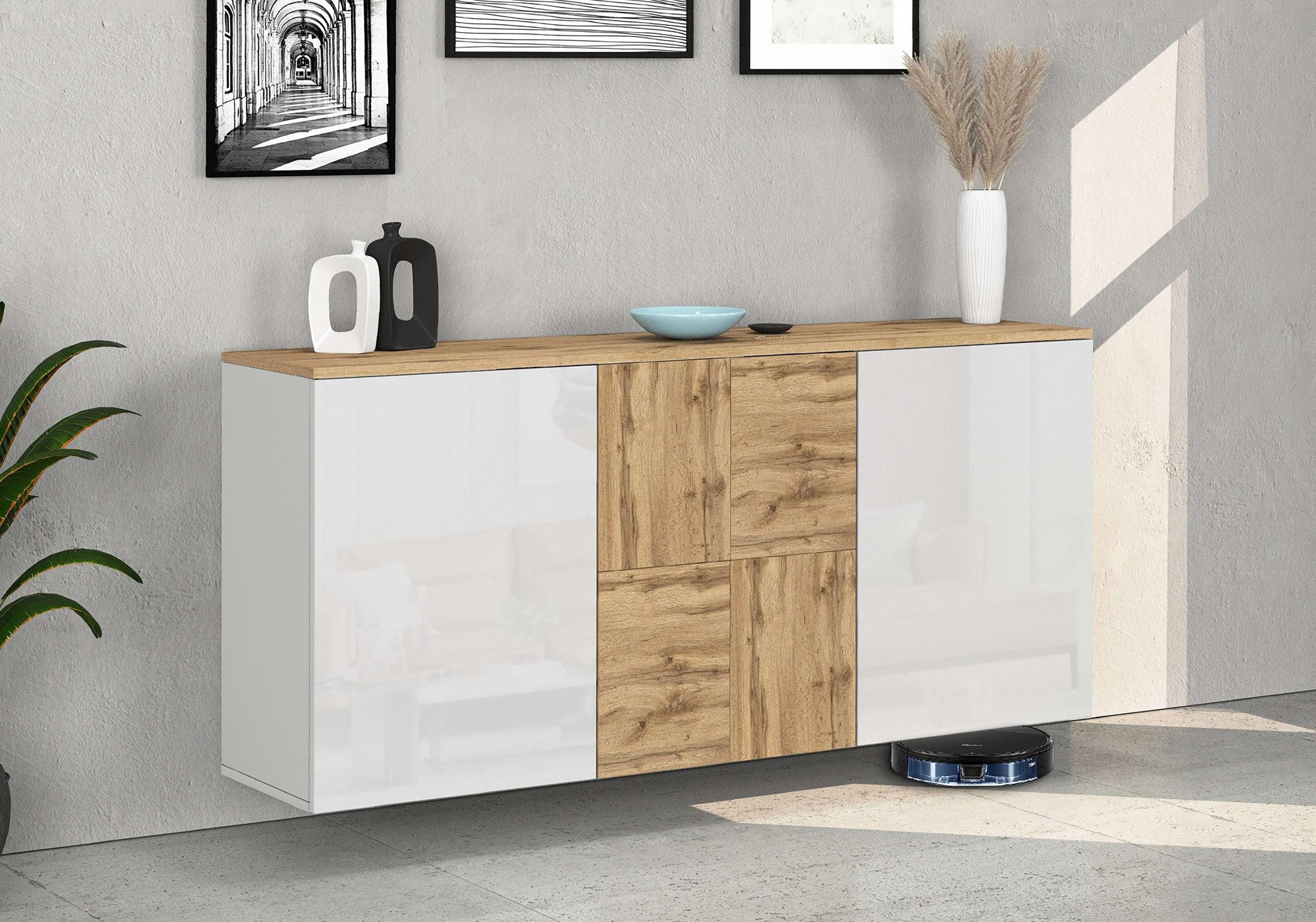OTTO home Sideboard ISEO, Kommode, Schrank, Sideboard, Lowboard, 6 Fächer, Breite 150 cm (1 St), stehend/hängend, 3 Türen Hochglanz lackiert, Made in Italy