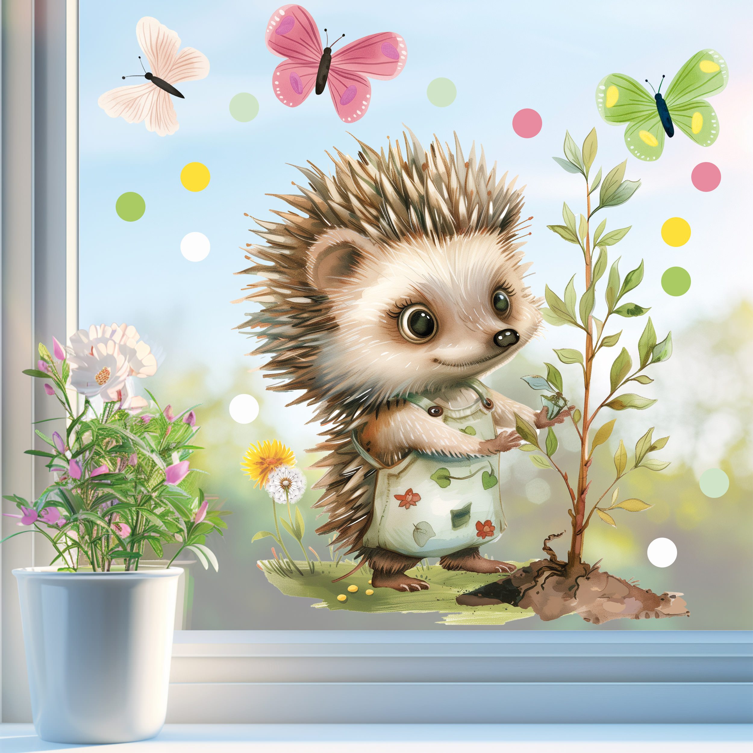 Sunnywall Fensterdekoration wiederverwendbares Fensterbild Igel Gärtnerin günstig online kaufen