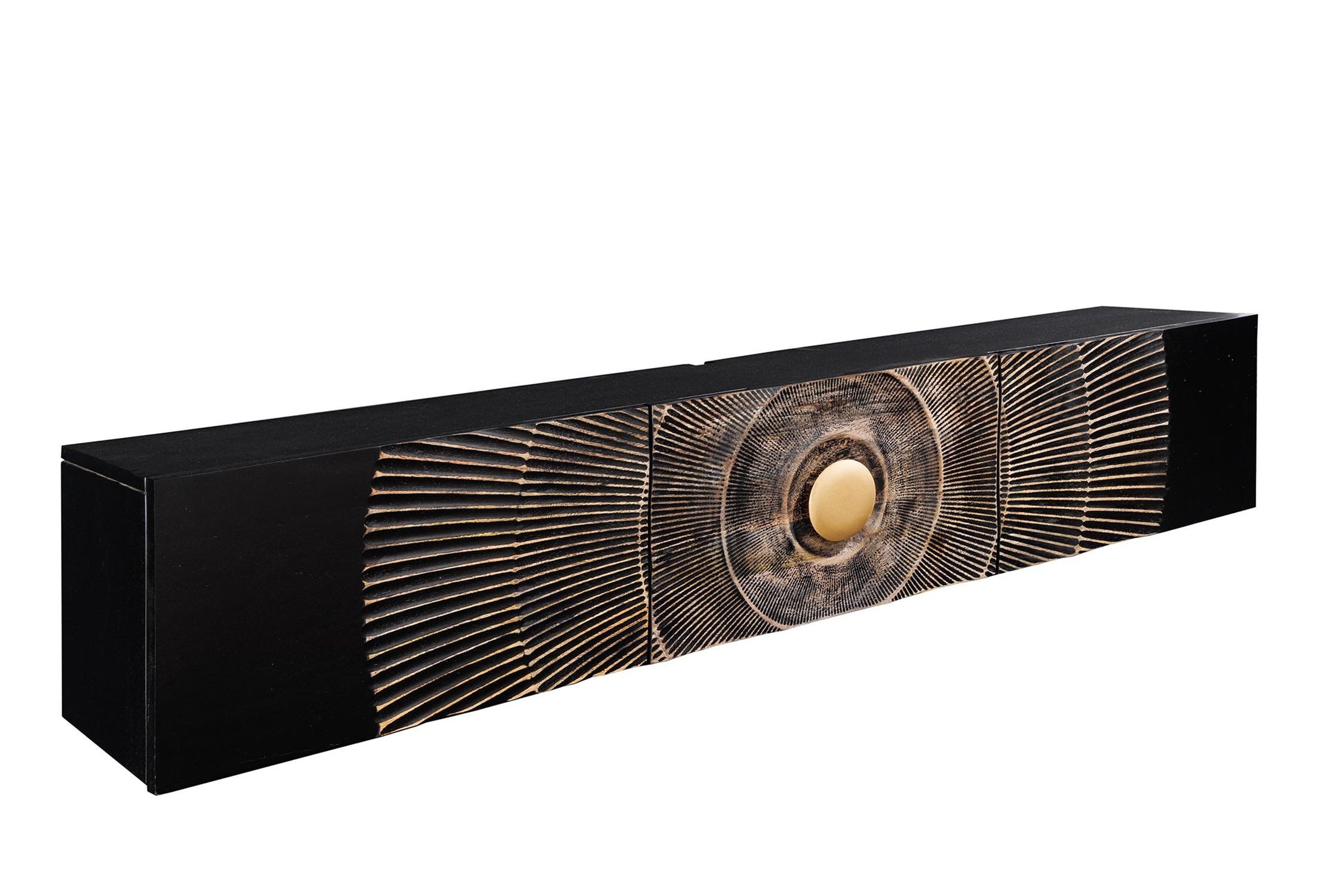 Licht-Erlebnisse TV-Board EIROS, Hängeboard Mangoholz Metall 160 cm Ornamente Schwarz Gold Handarbeit