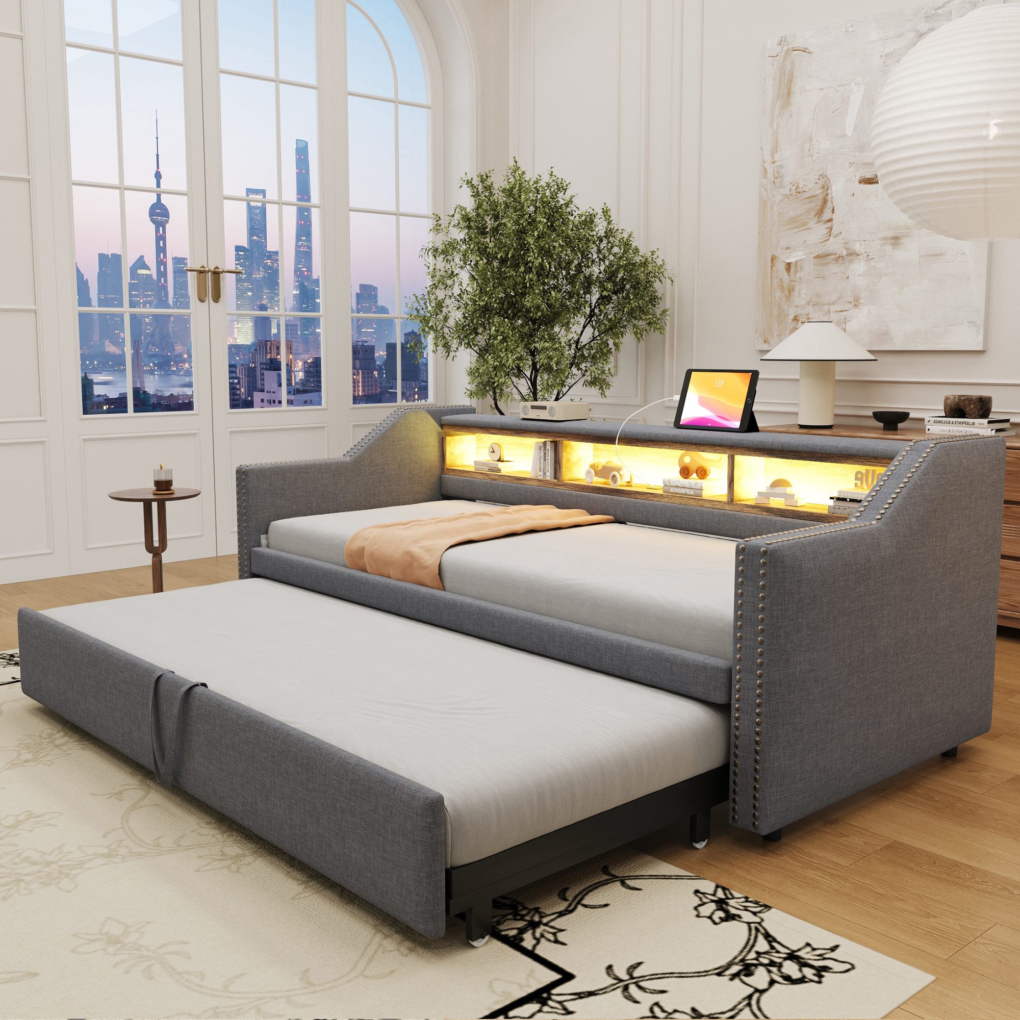 Flieks Daybett, Ausziehbares Polsterbett Schlafsofa 90/180x190cm mit USB-Laden