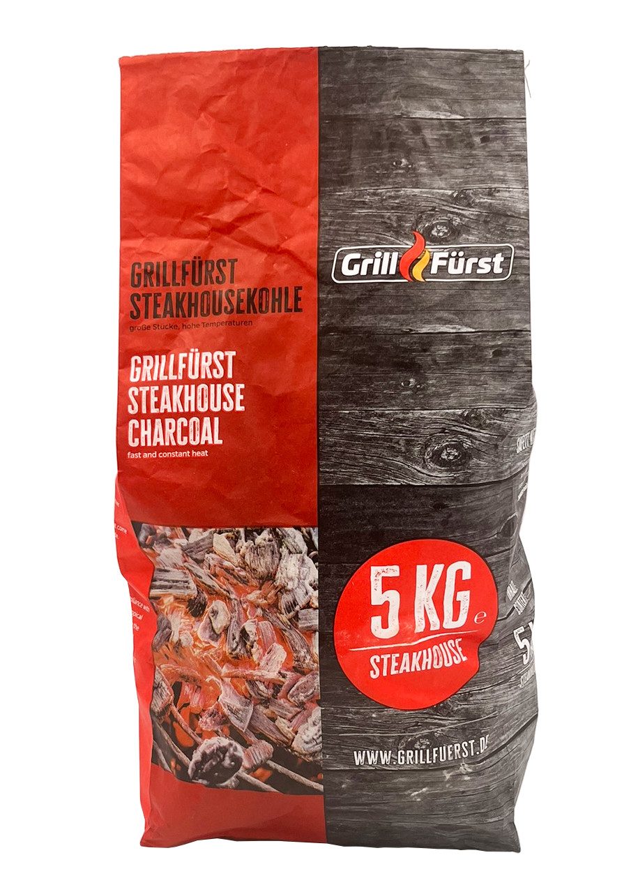 Grillfürst Grillplatte Flammlachsbrett u. Steakhouse Grillkohle 5kg (1x Flammbrett, 1x Grillkohle), Temperaturen bis zu 850 °C, Über 4 Stunden konstante Brenndauer