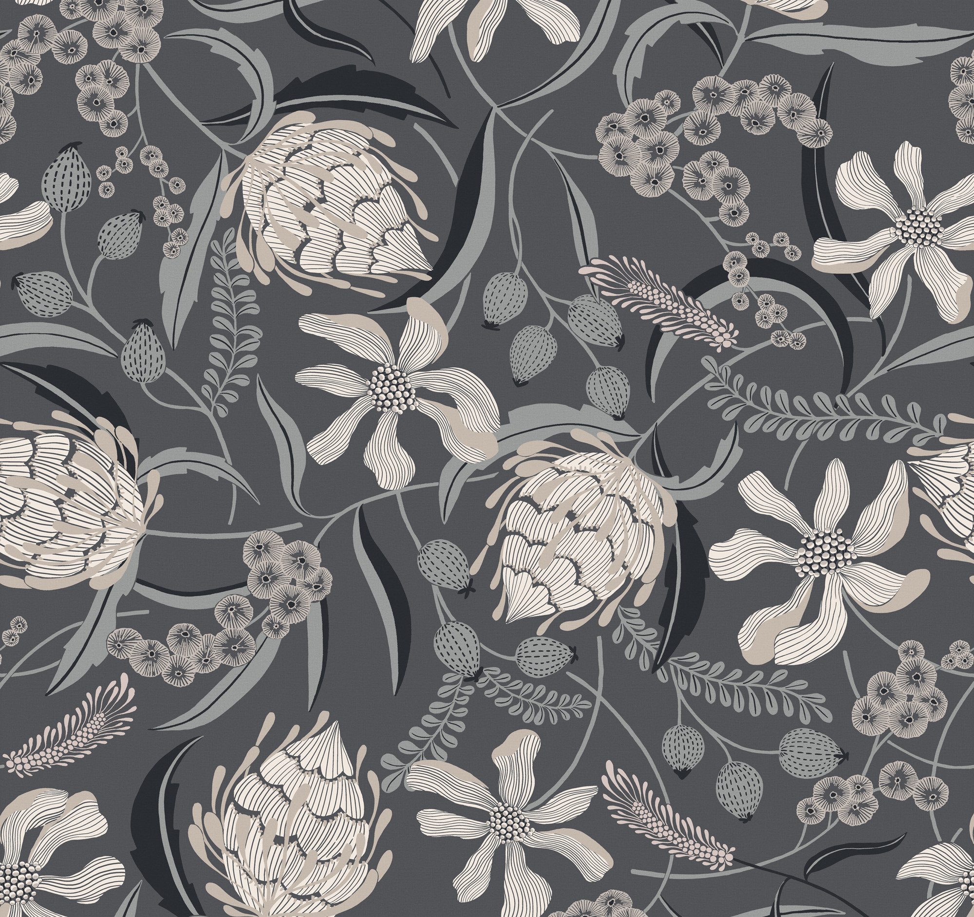 Rasch Fototapete Blätter, Blumen, Blüten & Ranken - Vliestapete Schwarz, floral, bedruckt, (1 Rolle, 1 St., Kollektion 'Schöner Wohnen 2' - 3 m x 3,18 m), Lichtbeständige Farben - Feucht abwischbar - Restlost abziehbar