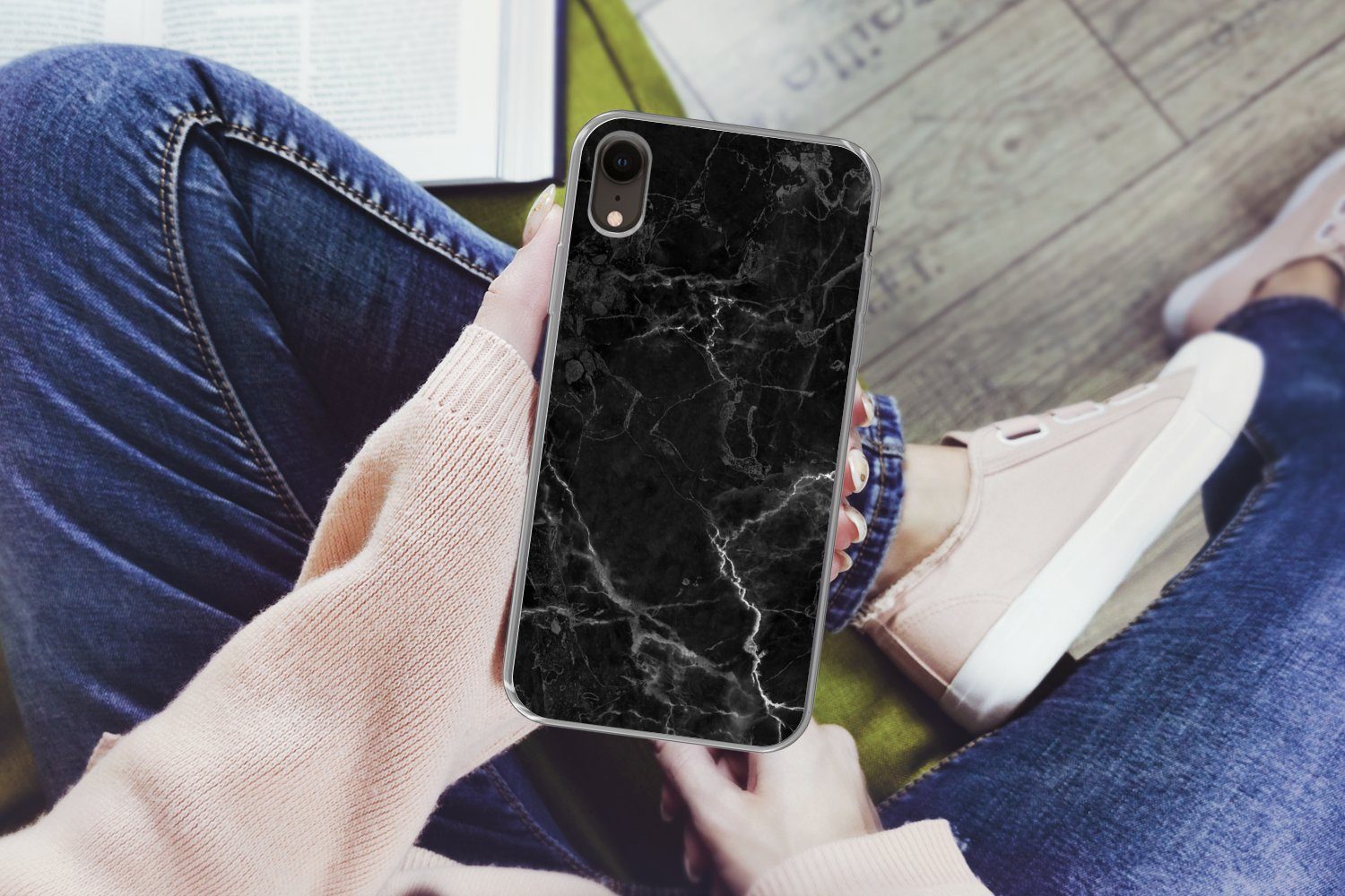 MuchoWow Handyhülle für Apple iPhone XR Marmor - Schwarz - Weiß - Textur - Marmoroptik, Smartphone-Bumper, Print, Handy Schutzhülle Dünn