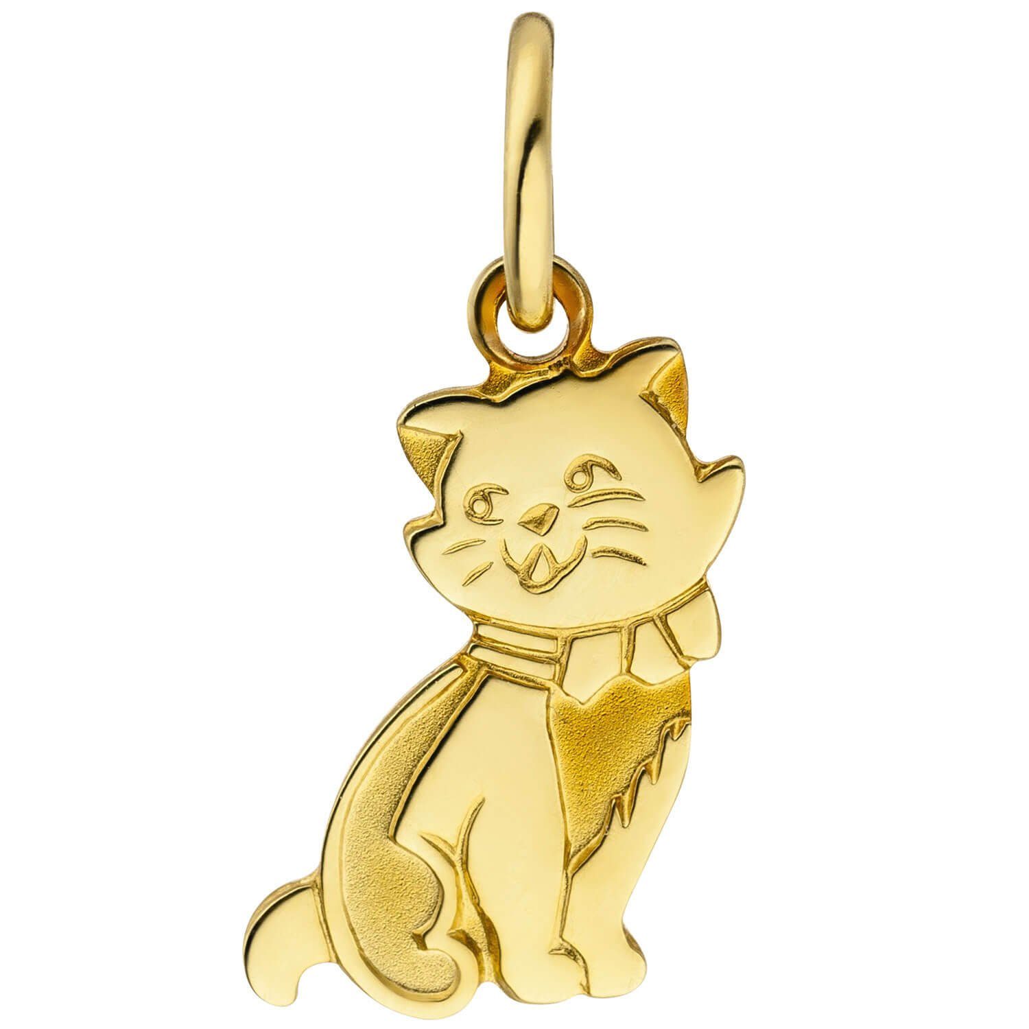 Schmuck Krone Kettenanhänger Anhänger für Kinder Katze lachendes Kätzchen aus 333 Gold Gelbgold, teilmatt, Gold 333