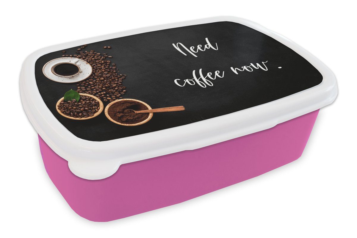 MuchoWow Lunchbox Zitate - Kaffee - Sprichwörter - Ich brauche jetzt Kaffee., Kunststoff, (2-tlg), Brotbox für Erwachsene, Brotdose Kinder, Snackbox, Mädchen, Kunststoff rosa