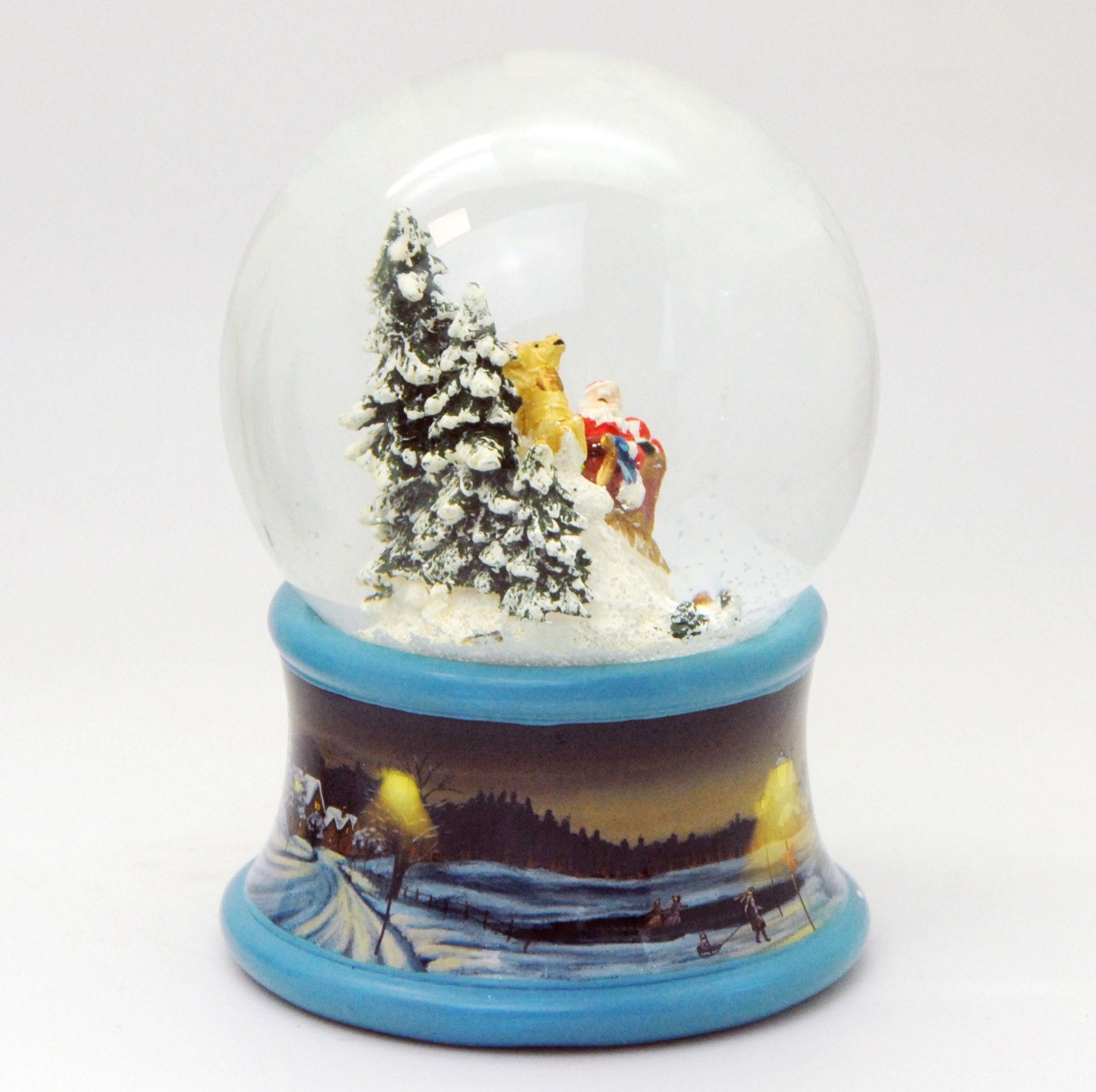 auf Spieluhr 10 cm Schneekugel Weihnachtsmann blau Rentierschlitten Sockel im MINIUM-Collection