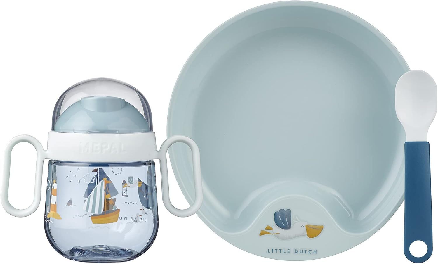 Mepal Trinklernbecher Baby 3er Geschirrset mit Trinkbecher, Teller & Löffel, Polypropylene, Edelstahl, Spülmaschinengeeignet, BPA frei, auslaufsicher, 3er Set, Sailors Bay