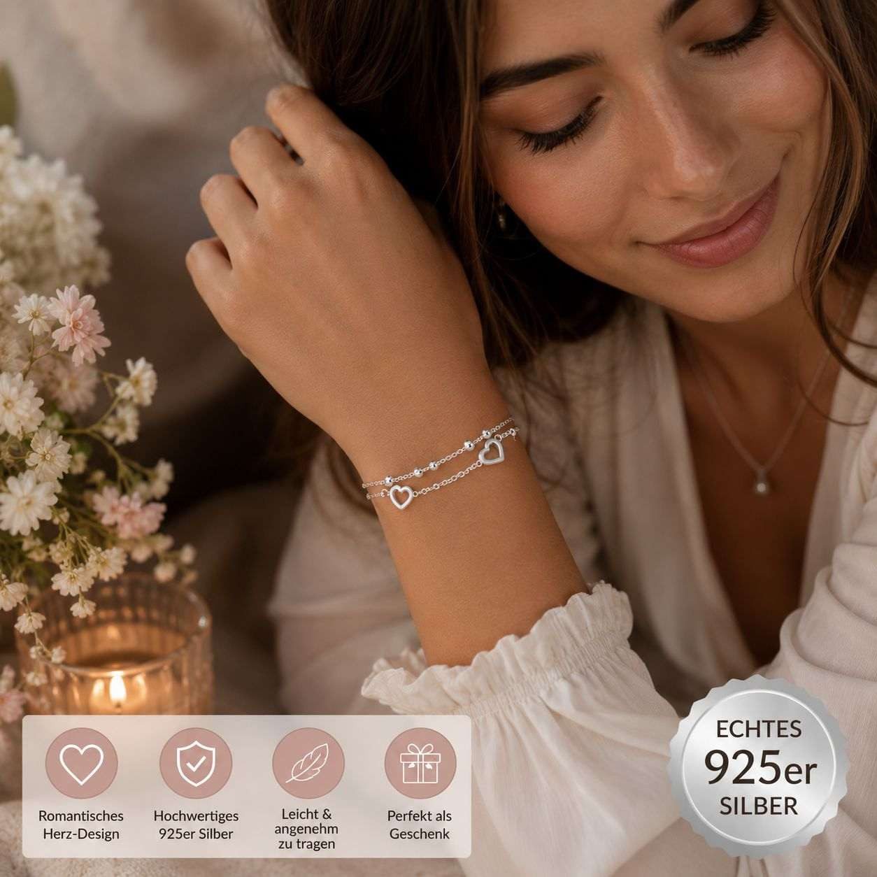 Taffstyle Silberarmband 925 Sterling Silber Damen Armband mit Herzen & Kugeln verstellbar (Wunderschönes Filigranes Damen Armband 925 Echt Silber mit Herz-Desig – Bild 3 von 5