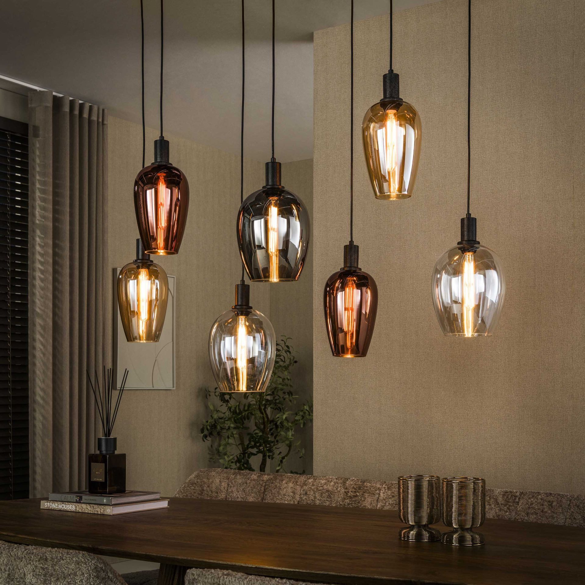 Vintagehaus Pendelleuchte Hängelampe 7 Amphoren Glas Bernstein Kupfer Chrom