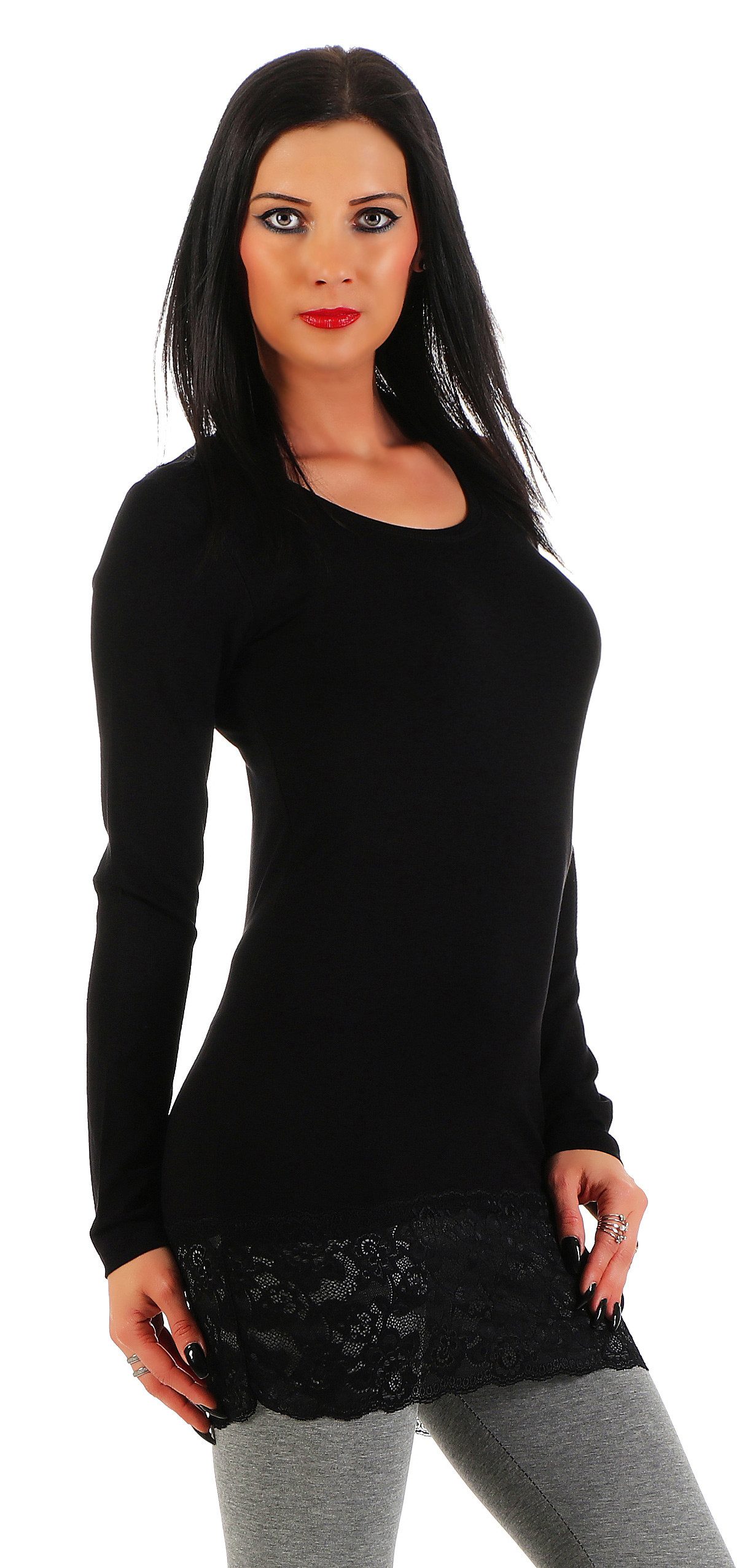 Longshirt Damen Longshirt Langarmshirt mit Spitze