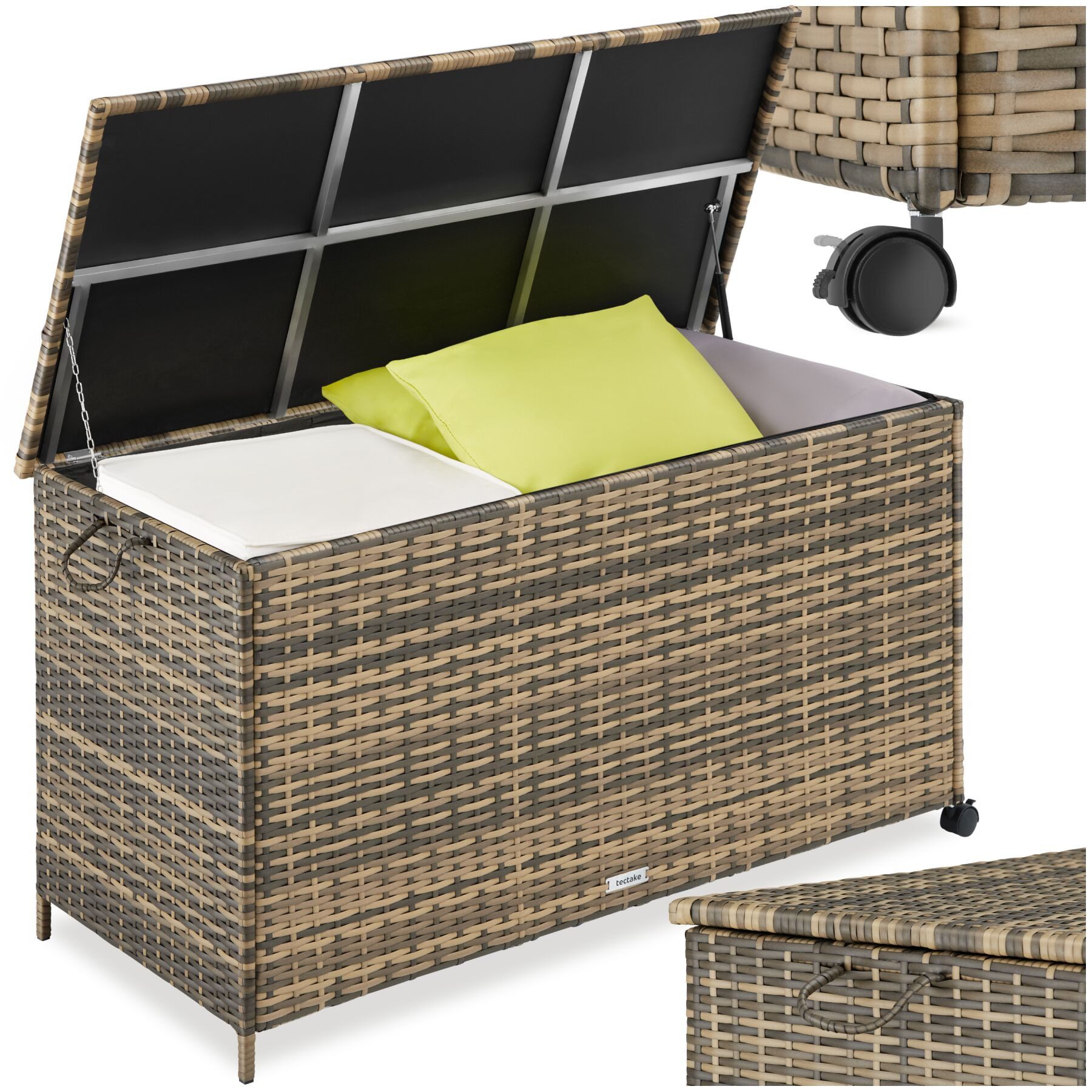 tectake Gartenbox Kissenbox mit 253 l Volumen, Aluminium, Rollen (Aufbewahrungsbox Für draußen Kuusamo, in Natur), herausnehmbare Innenverkleidung mit Griffschlaufe