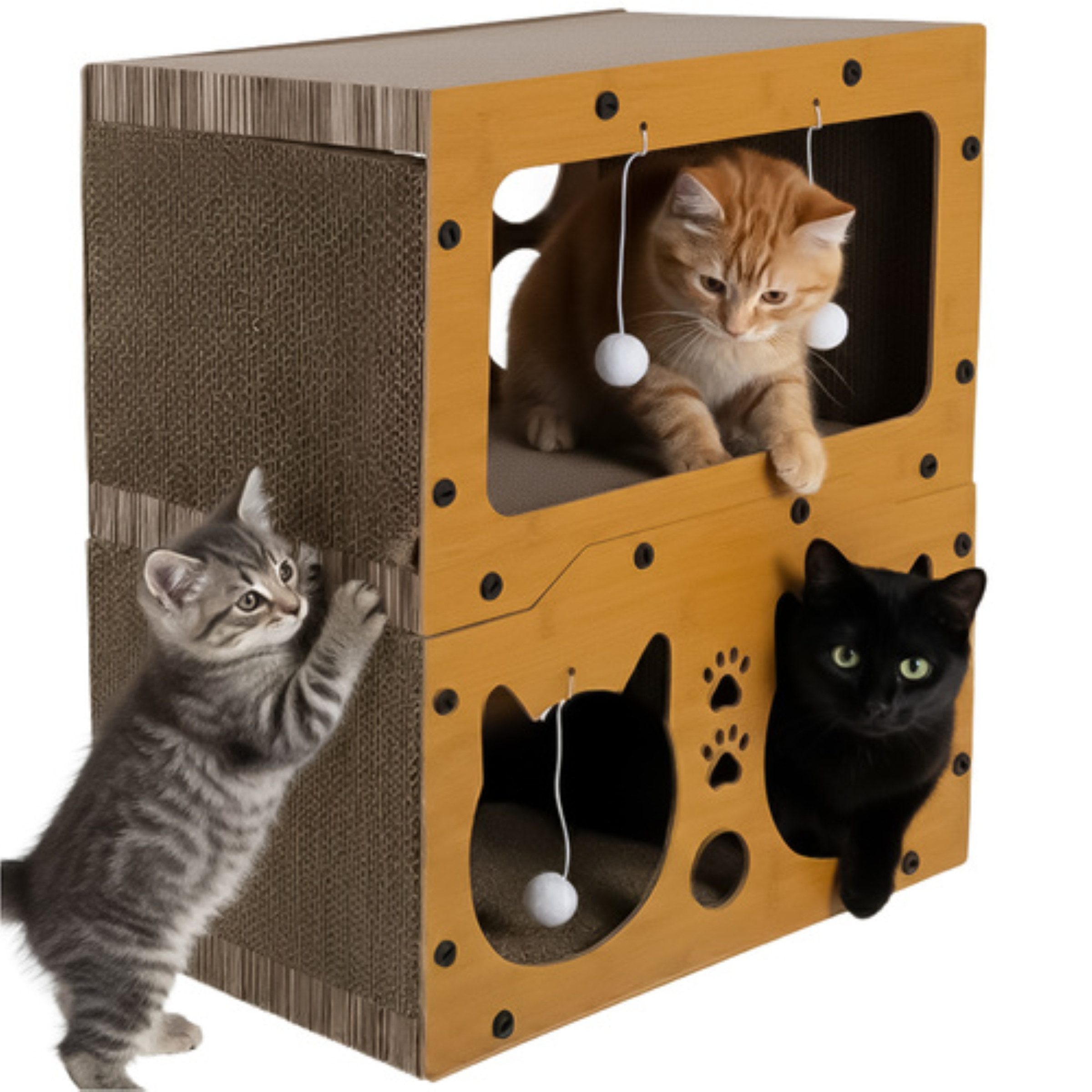 Purlov Kratzpappe Katzenkratzhaus zweistöckig mit Haus Bett und Spielbällen aus HDF, (Katzenkratzbaum zweistöckig mit Haus Kratzfläche und Spielbällen, Kratzbaum mit Haus Bett Spielbällen aus HDF und Wellpappe), Zweistufige Konstruktion Stabile Bauweise Kompakte Form