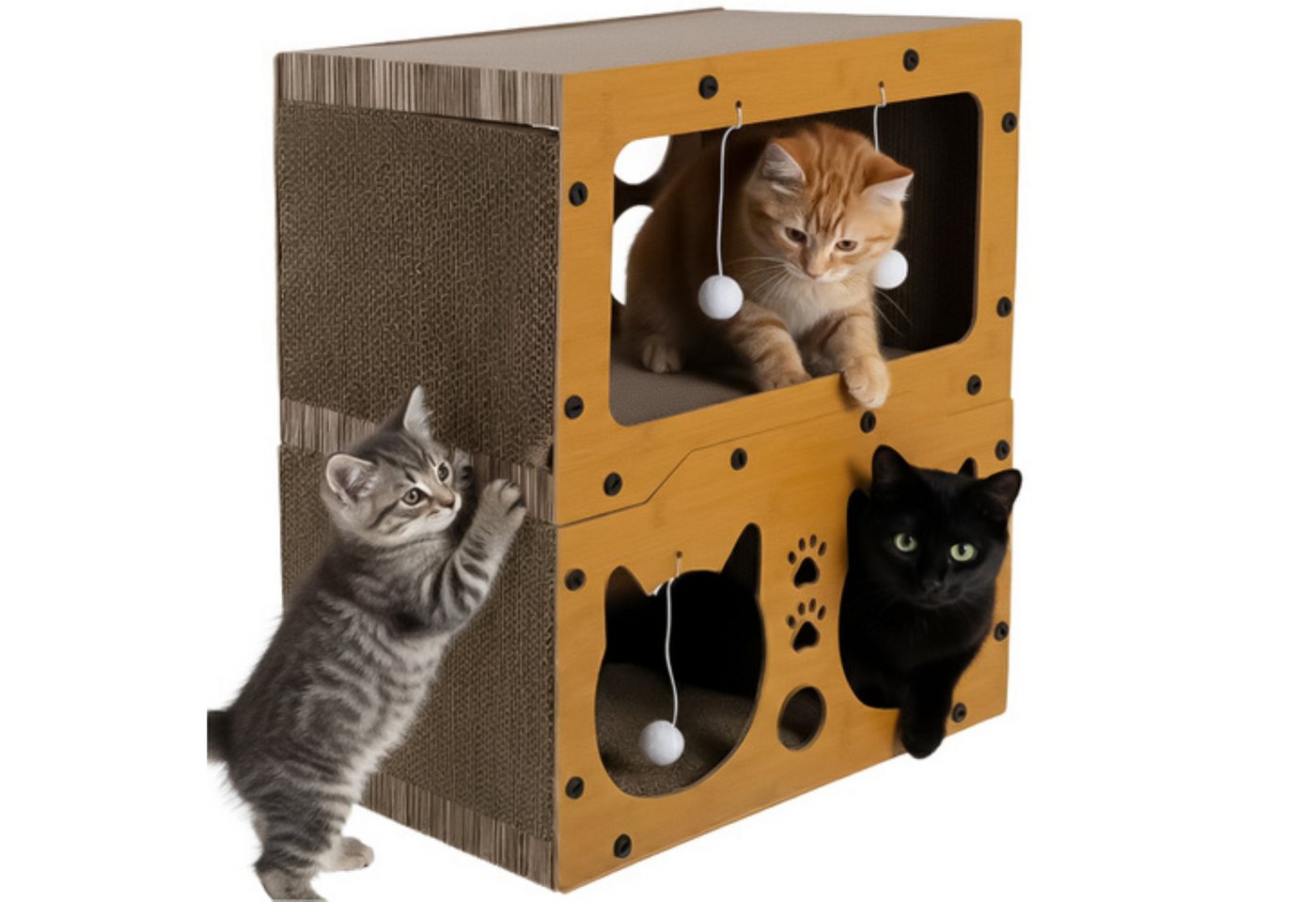 Purlov Kratzpappe Katzenkratzhaus zweistöckig mit Haus Bett und Spielbällen aus HDF, (Katzenkratzbaum zweistöckig mit Haus Kratzfläche und Spielbällen, Kratzbaum mit Haus Bett Spielbällen aus HDF und Wellpappe), Zweistufige Konstruktion Stabile Bauweise Kompakte Form
