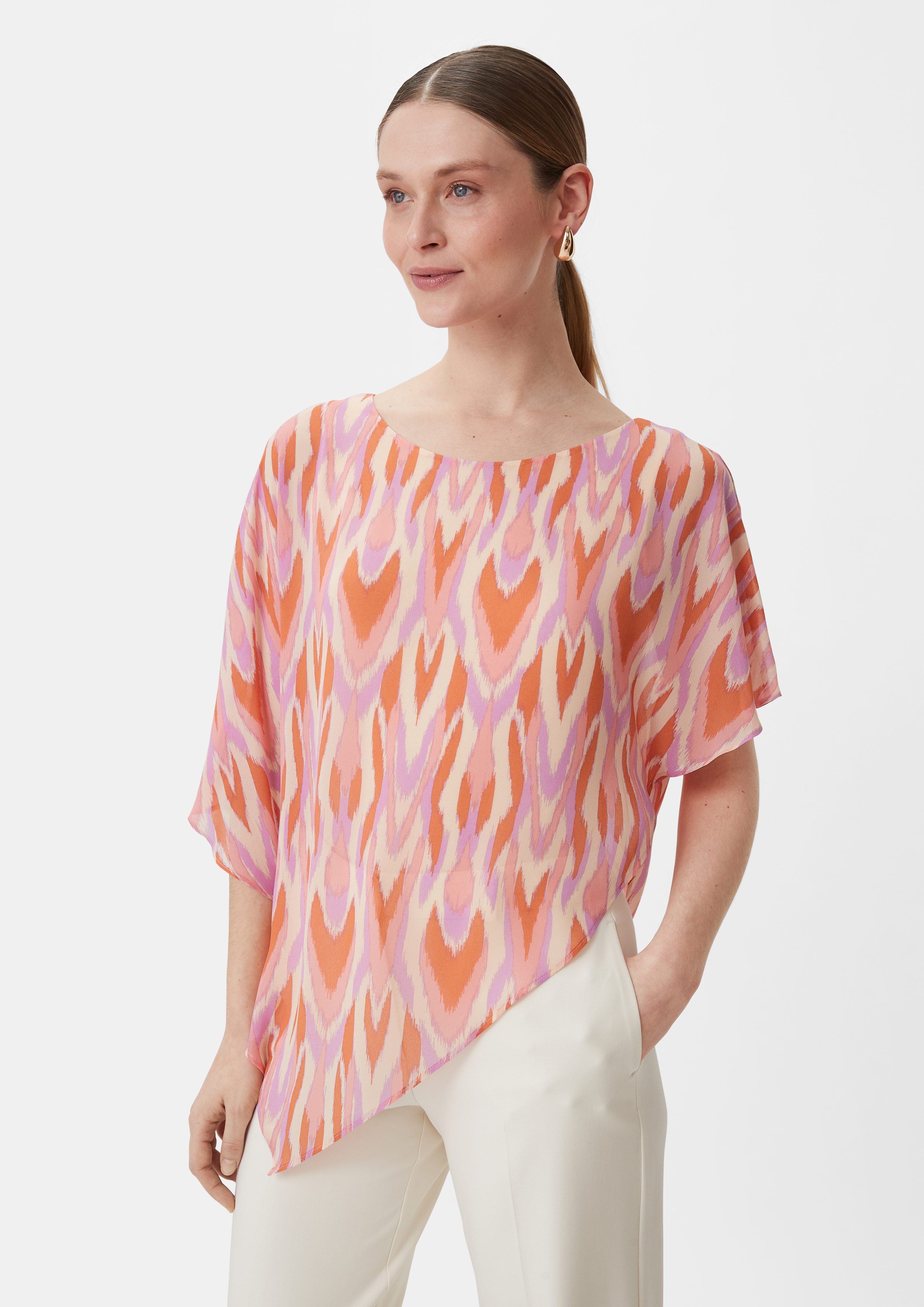 Kurzarmbluse Bluse mit asymmetrischem Chiffon-Overlay