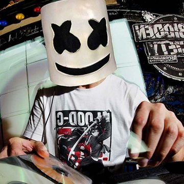 Goods+Gadgets Kostüm Leuchtende Marshmallow Voll-Maske aus Latex, DJ Gesichtsmaske mit LEDs