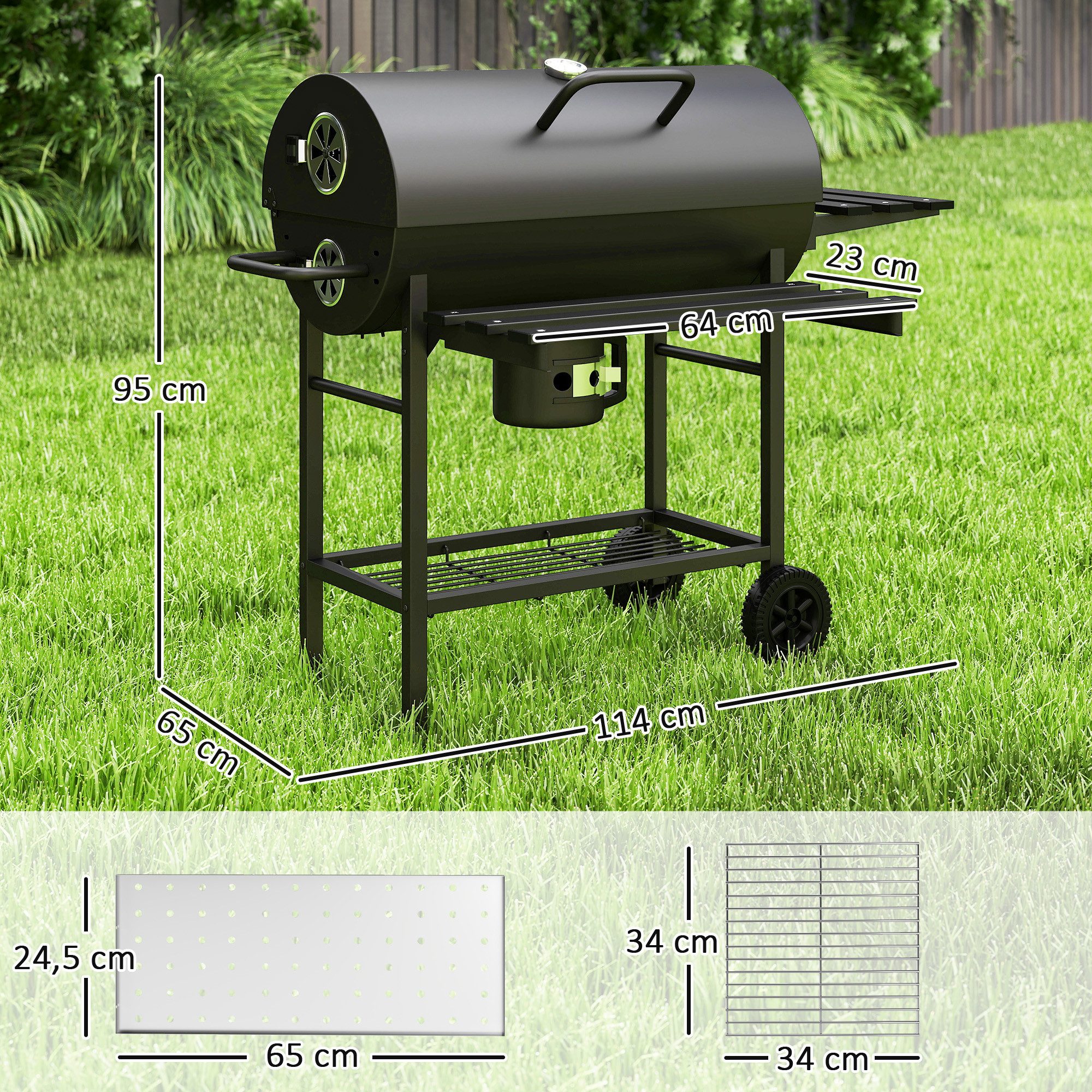 Outsunny Holzkohlegrill mit Deckel,Griffe, Thermometer, Räder, BBQ Smoker, Grillwagen, für BBQ Camping Terrasse Garten 114 x 65 x 95 cm