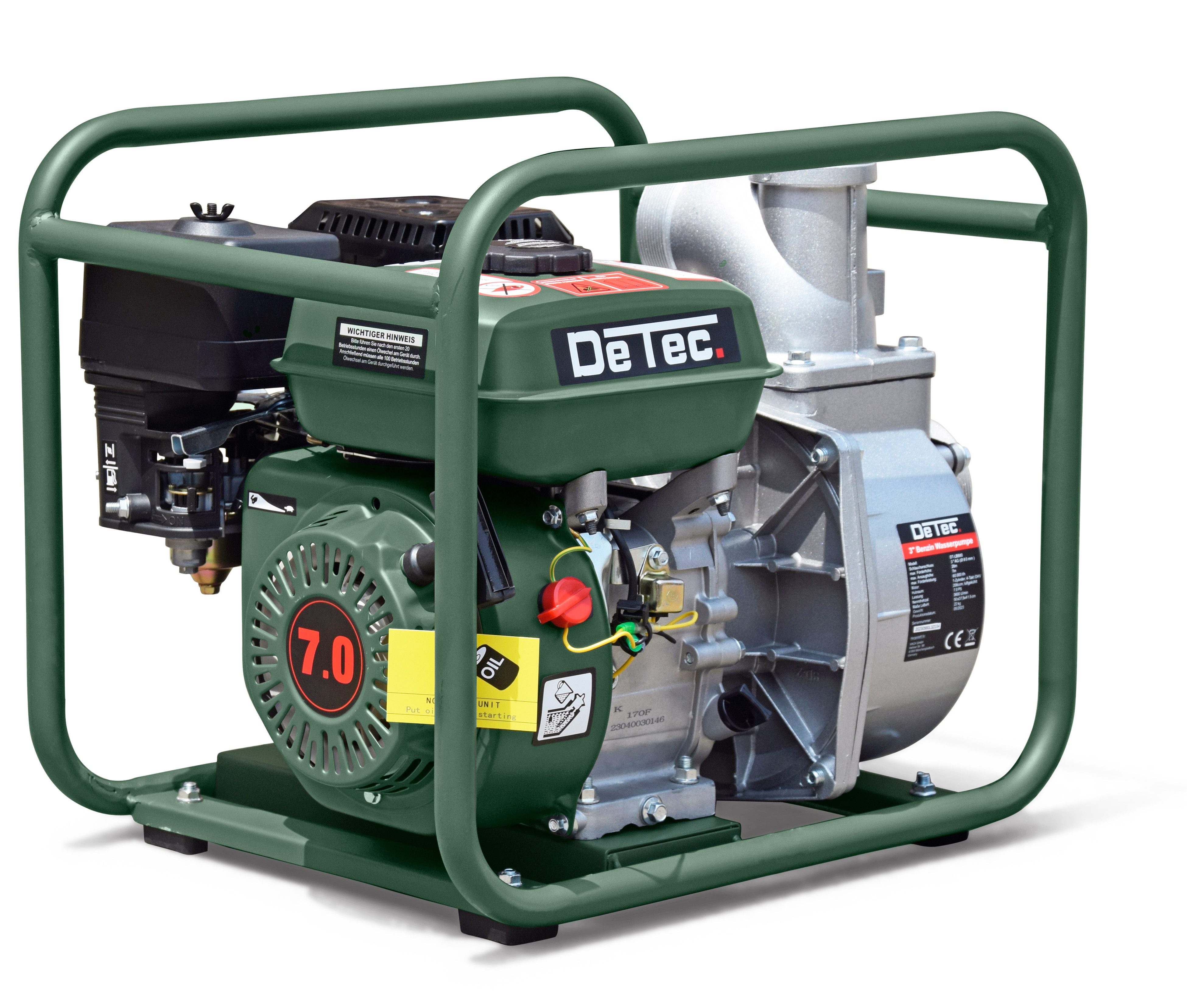 DeTec. Schmutzwasserpumpe Benzin Wasserpumpe Gartenpumpe 3" Zoll 60.000 L/h, Wartungsarme Teichpumpe mit hoher Durchflussrate, autark & robust