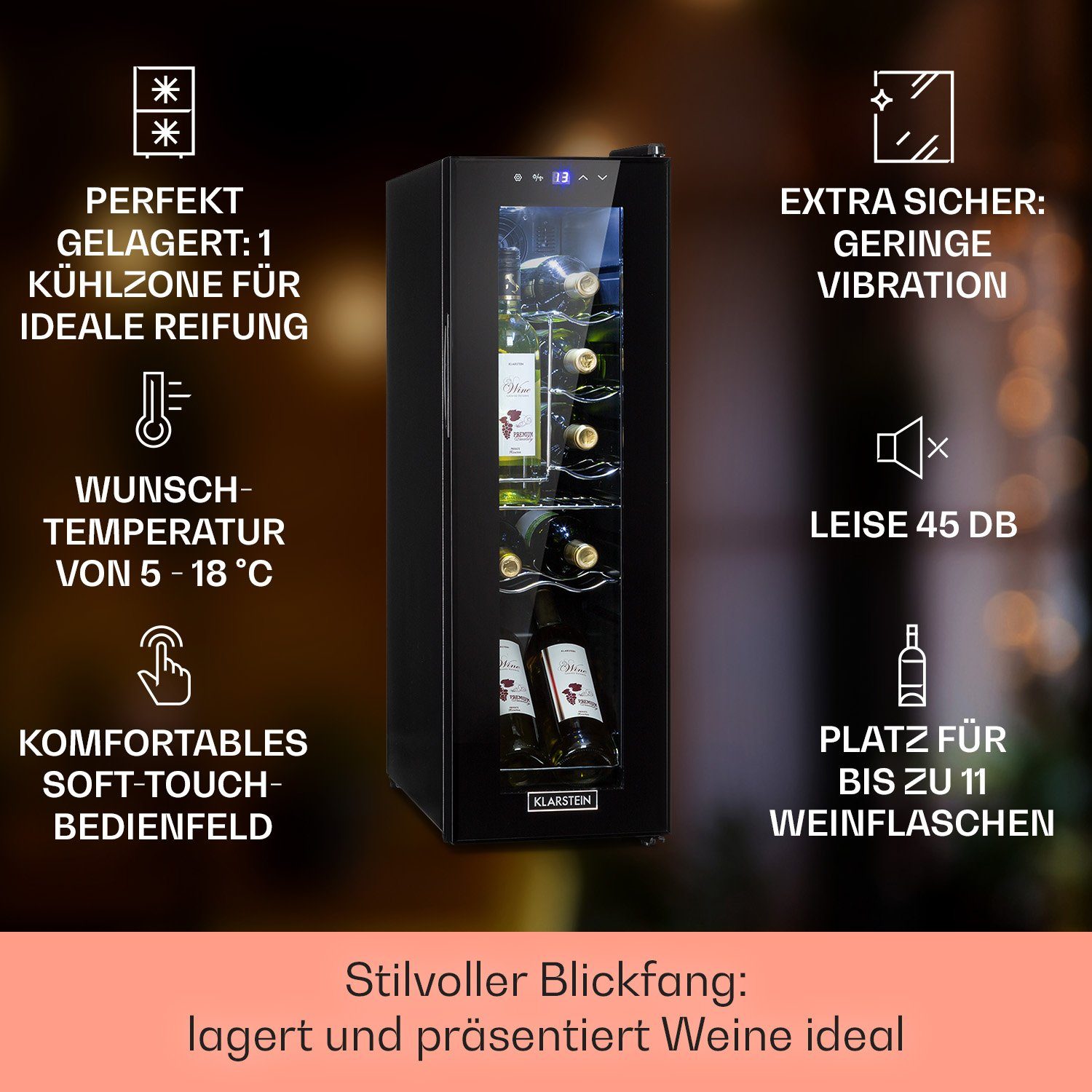 Klarstein Weinkühlschrank Shiraz 12 Slim Uno, für 12 Standardflaschen á 0,75l,Wein Flaschenkühlschrank Weintemperierschrank Weinschrank Kühlschrank