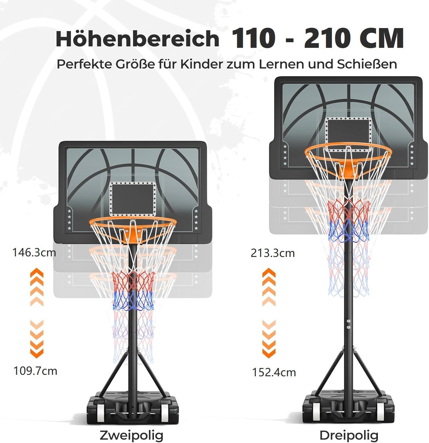 Yohood Basketballkorb Höhenverstellbarer und tragbarer Basketballkorb von 110-210 cm