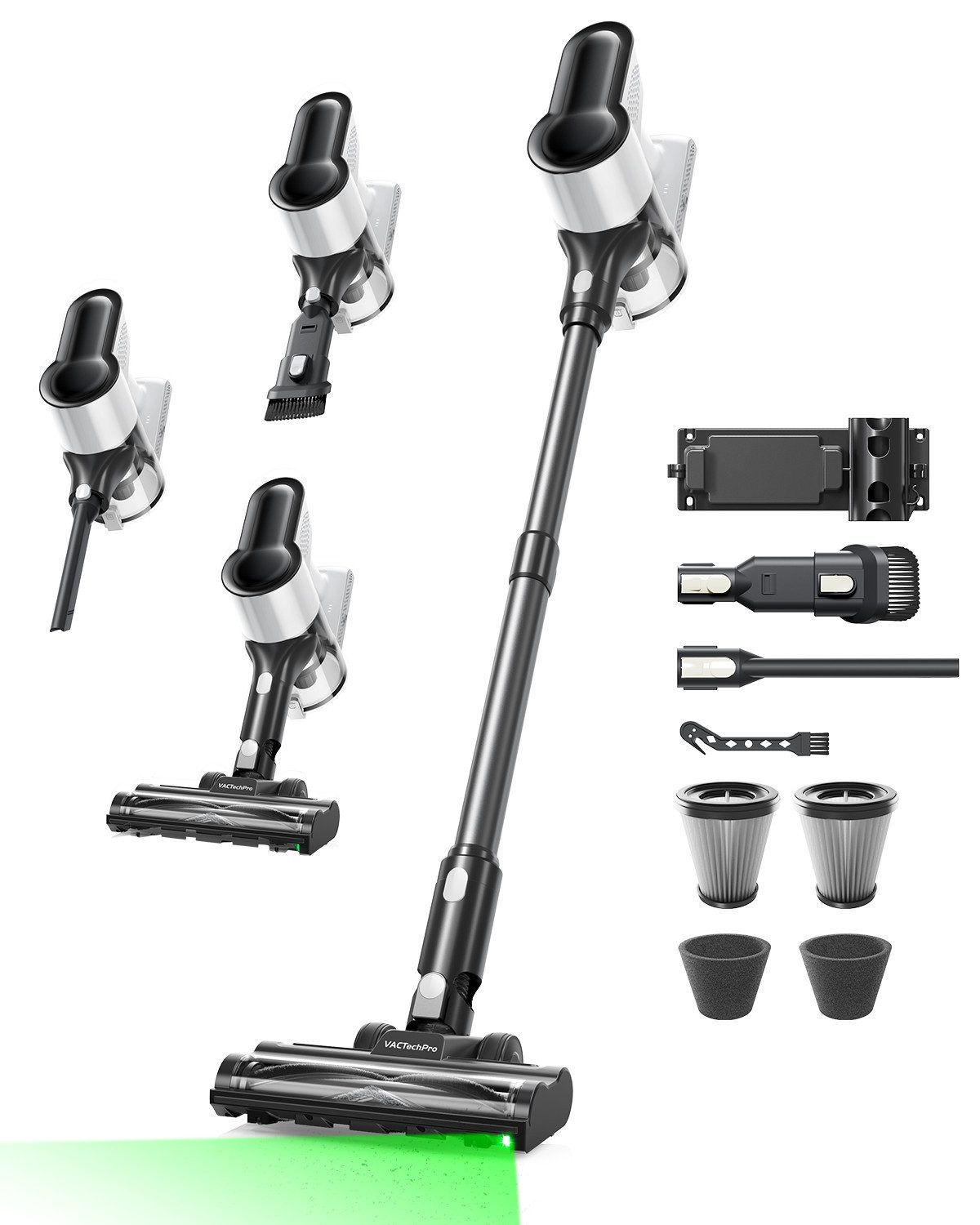 VACTechPro Akku-Hand-und Stielstaubsauger F02 Lite Akkustaubsauger 550W/50kPa/50Min., 8‑stufigem Filtersystem, 550 W, Selbststehend für Böden/Teppiche/Tierhaare