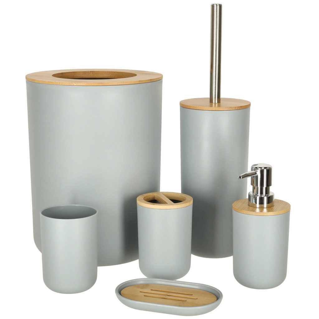 Ikonka WC-Reinigungsbürste Badezimmer-Set 6-teilig Grau mit Holzdetails – funktional & modern., Für alle Badezimmergrößen und Einrichtungsstile geeignet., (Freistehendes Badezimmer-Zubehör-Set mit praktischen Accessoires., 6-tlg., Komplettes 6-teiliges Badezimmer-Set für stilvolle praktisch), Elegantes 6-teiliges Bad-Set mit Holzdetails, langlebig