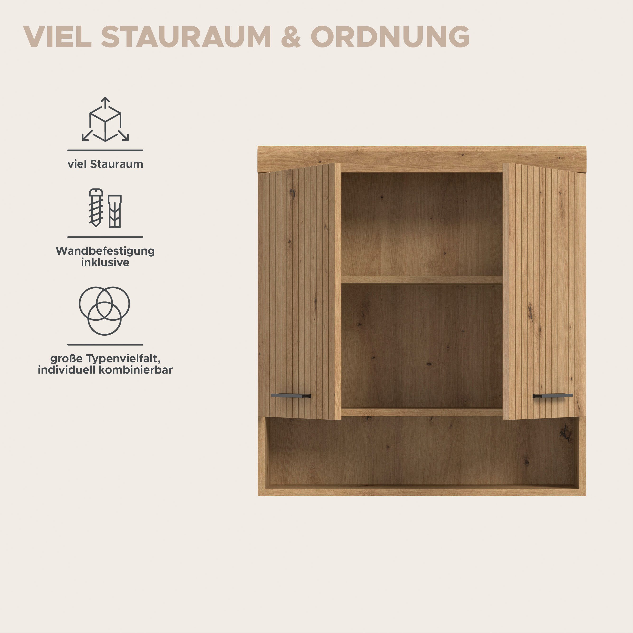 welltime Hängeschrank SIENA, Breite 74cm, 2 Türen, 1 offenes Fächer, MDF-Front (TOPSELLER) in verschiedenen Farben erhältlich, Badmöbel, Badschrank, Schrank, Bad