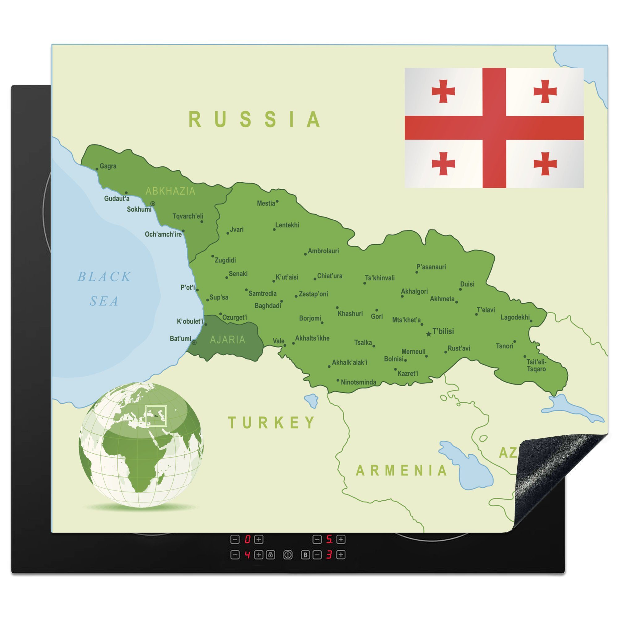 MuchoWow Herdblende-/Abdeckplatte Eine Illustration von Georgien mit der Flagge des Landes, Vinyl, (1 tlg), 60x52 cm, Mobile Arbeitsfläche nutzbar, Ceranfeldabdeckung