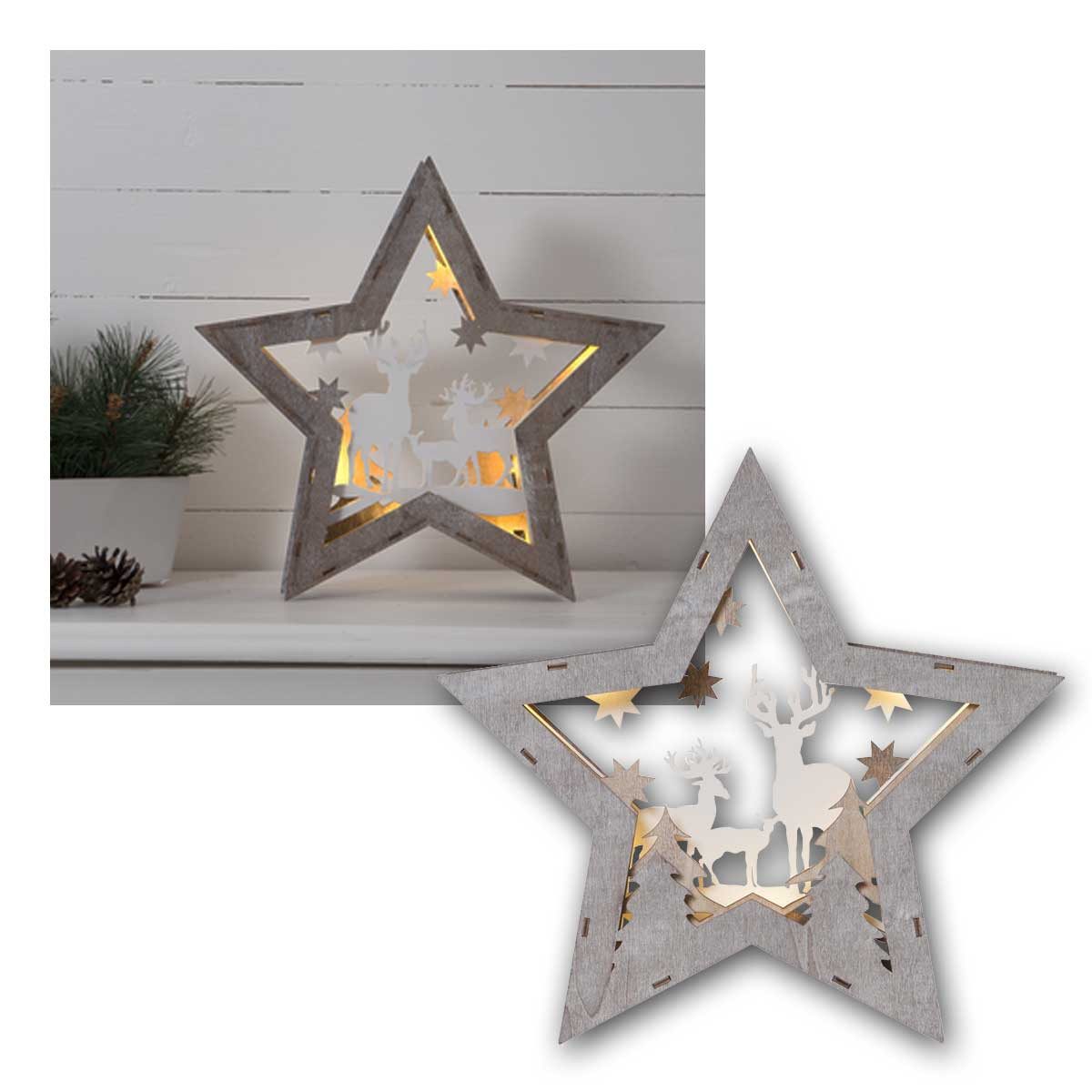 STAR TRADING LED Fensterleuchter Dekostern "Fauna" 10 LED warmweiß 32x33cm aus Holz, warmweiß