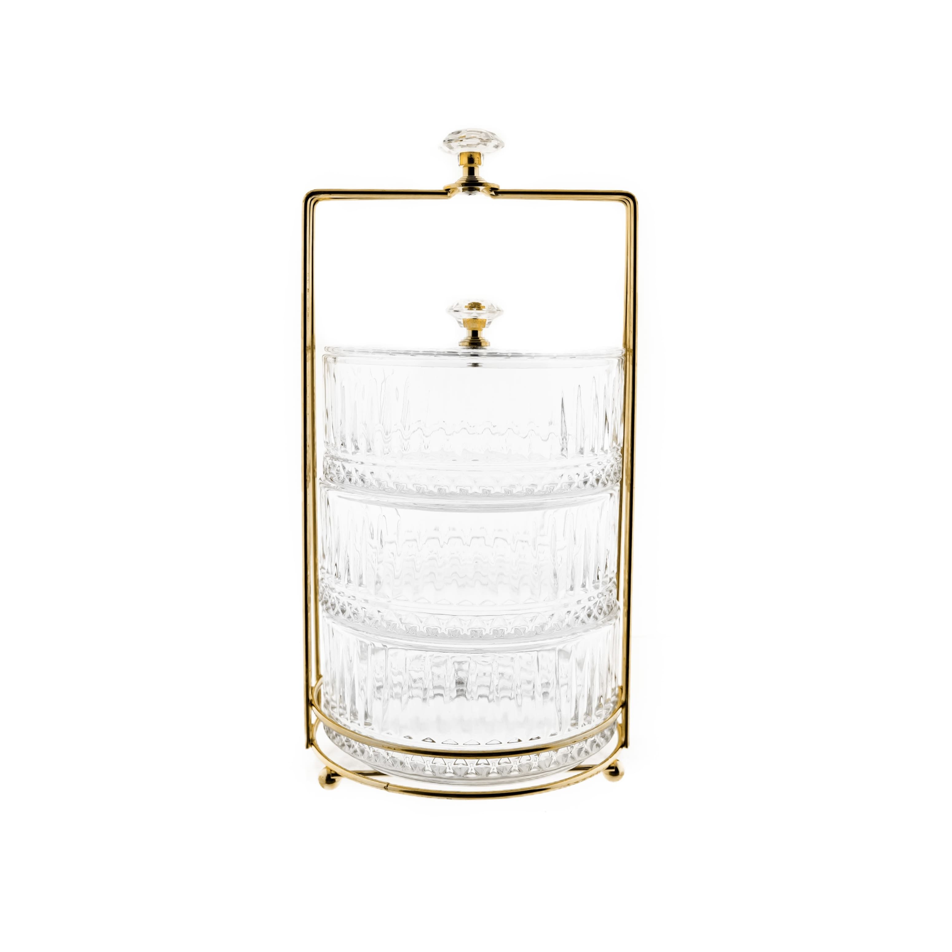 Almina Snackschale Bonboniere-Set aus Glas mit goldfarbenem Gestell, Stapelbar
