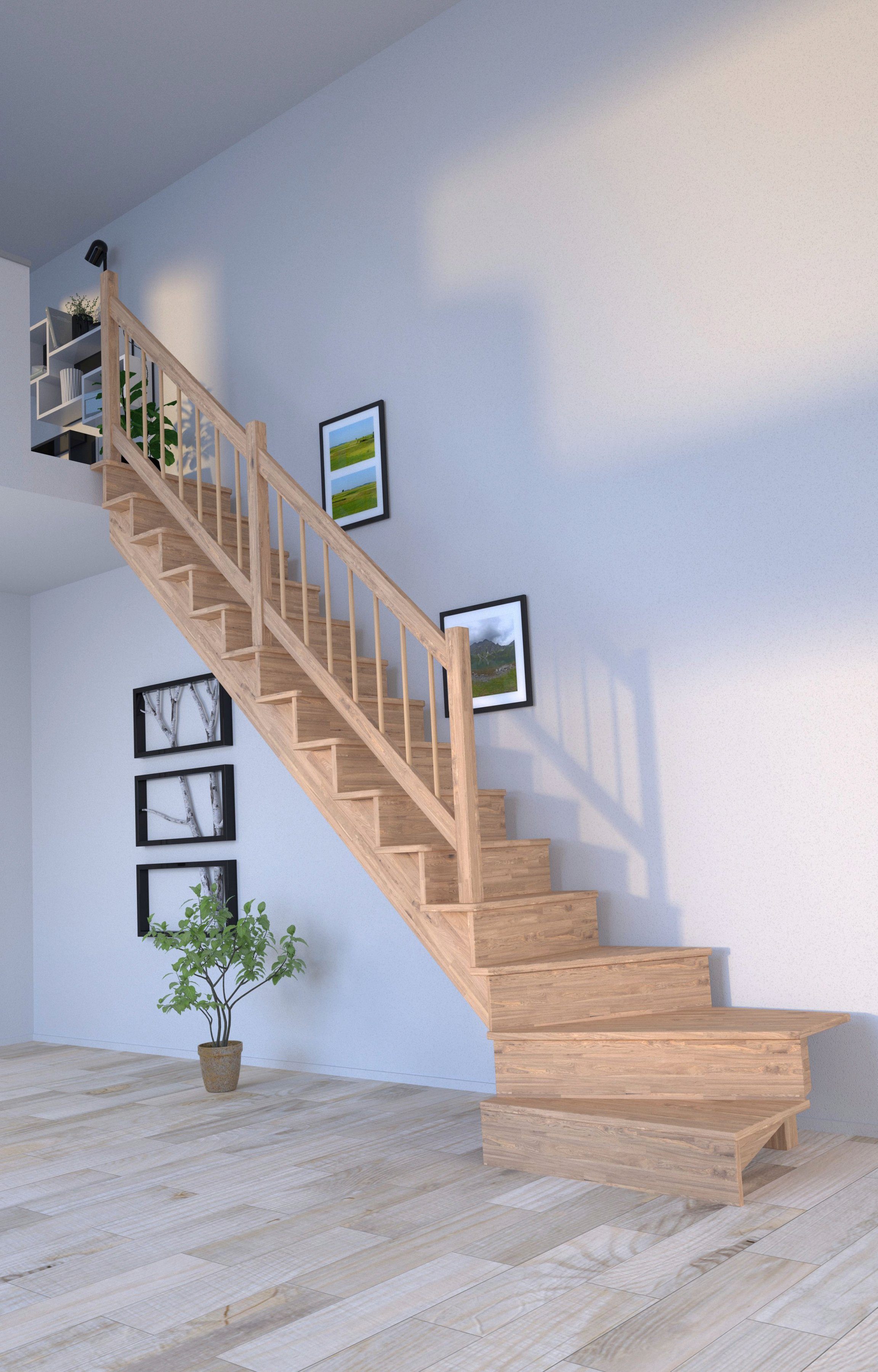 Starwood Systemtreppe Holz-Holz geschlossen, Geländer, Design cm, 300 Durchgehende Lindos, für Stufen Geschosshöhen Massivholz gewendelt bis Wangenteile Links