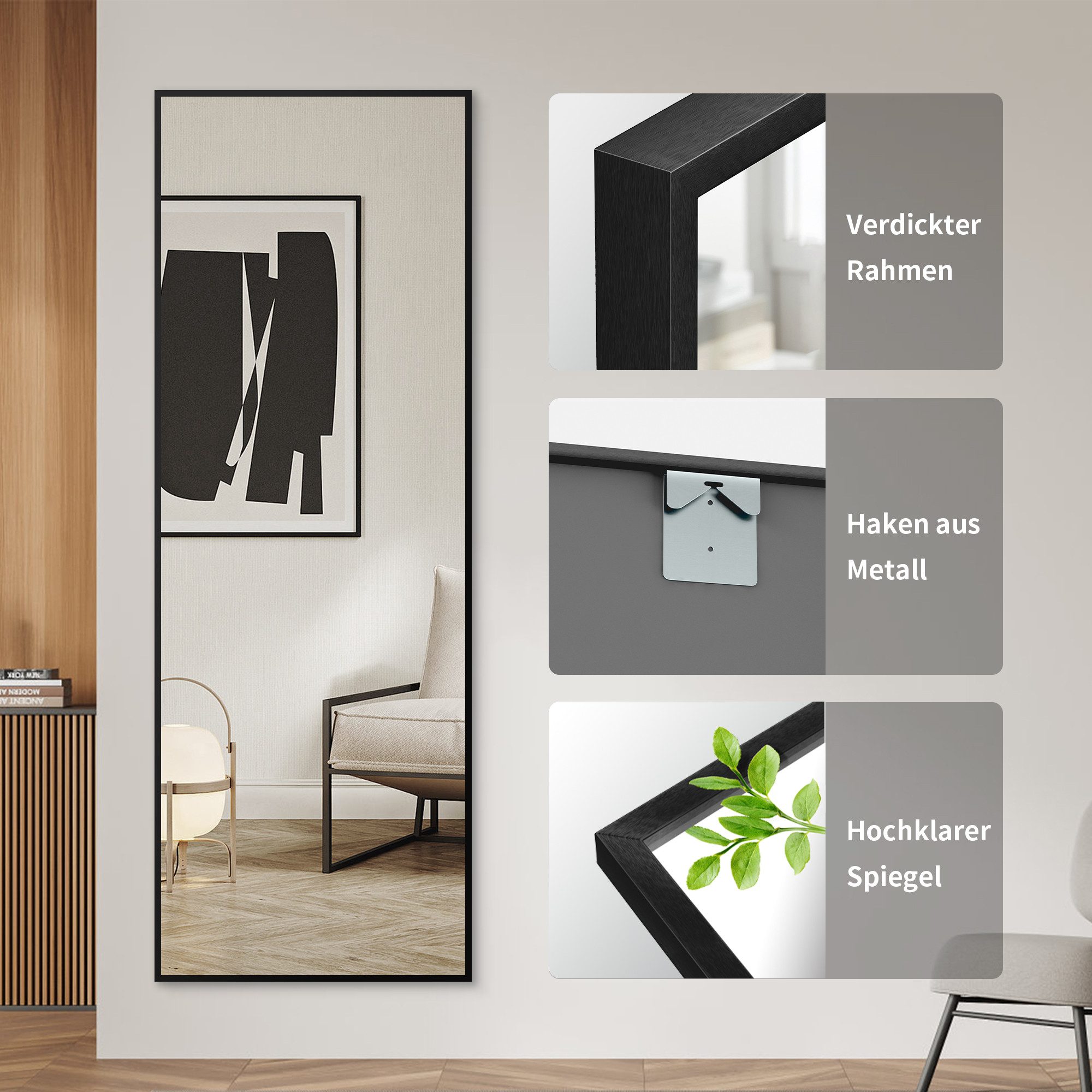 Boromal Wandspiegel Schwarz Metall 160x40 150x50 140x40 Bodenspiegel Standspiegel (Spiegel groß HD, für Flur, Schlafzimmer, Wohnzimmer), 4 Installationsmethoden