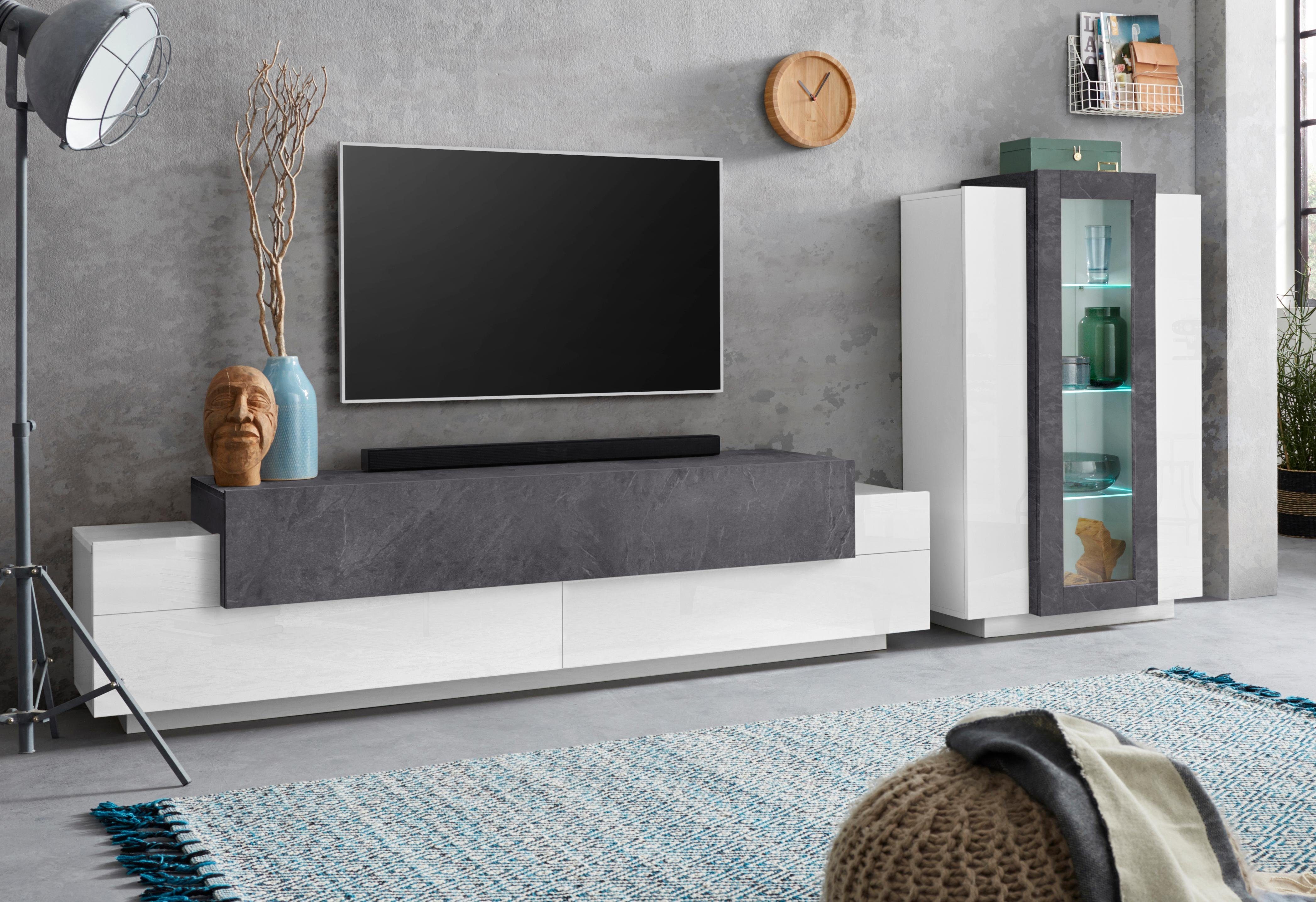 Home affaire Wohnwand Coro, Anbauwand, Medienwand, (Set, 2-St), Lowboard 4 Fächern Breite 200 und Vitrine 3 Türen Breite 80
