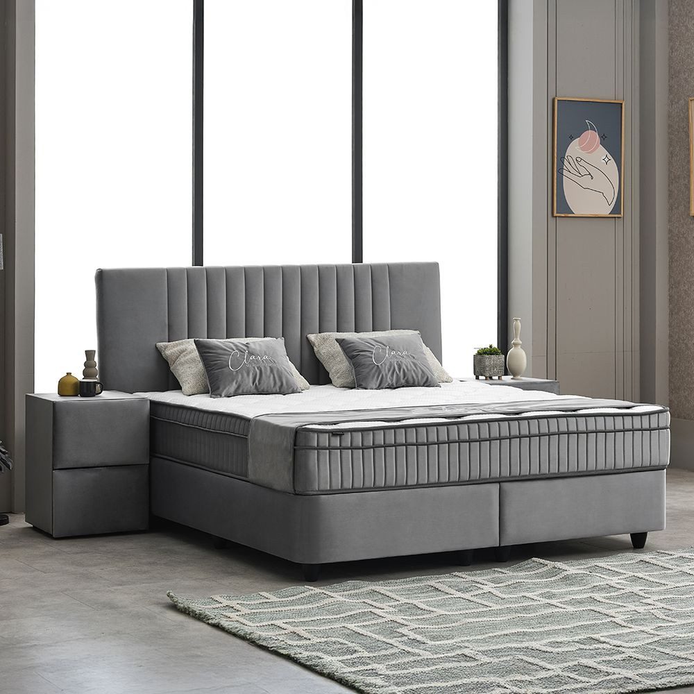 abc bedding Boxspringbett Komfortbett CLARA in Grau Samt-Stoff (Bett mit Topper, 3-St., inkl. Matratze und Topper), Voll-orthopädisches Schlafsystem inklusive Bettkasten