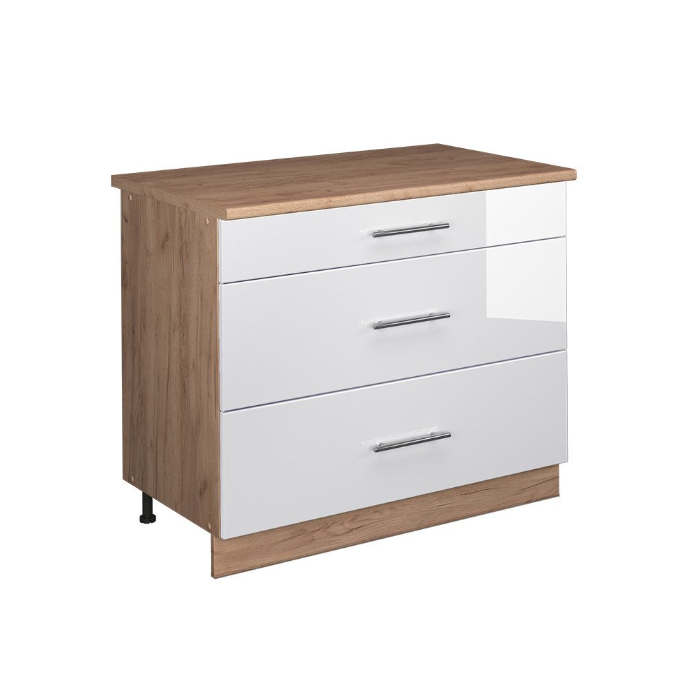 Vicco Unterschrank Fame-Line, Weiß Hochglanz/Goldkraft Eiche, 100 cm, AP Eiche (1-St)
